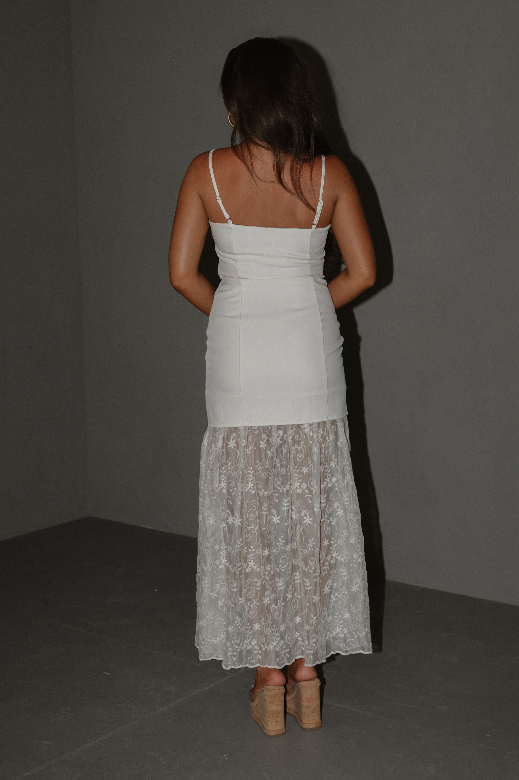 Sheer Embroidered Lace Dress-Cream