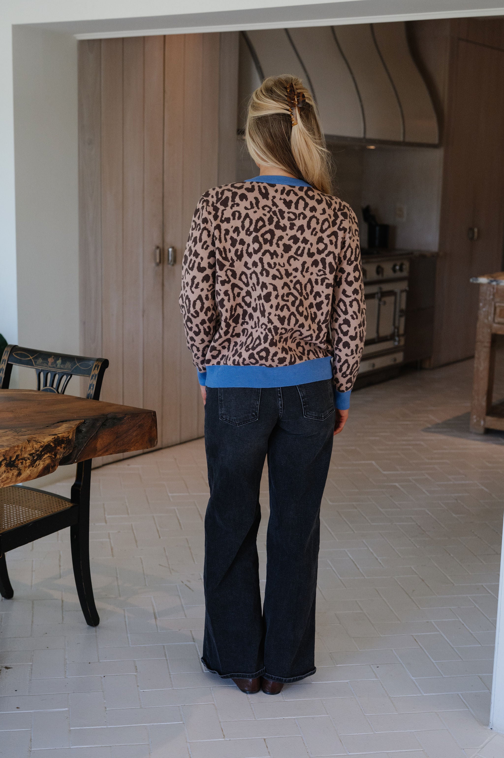 Leopard Contrast Cardigan-Camel/Blue