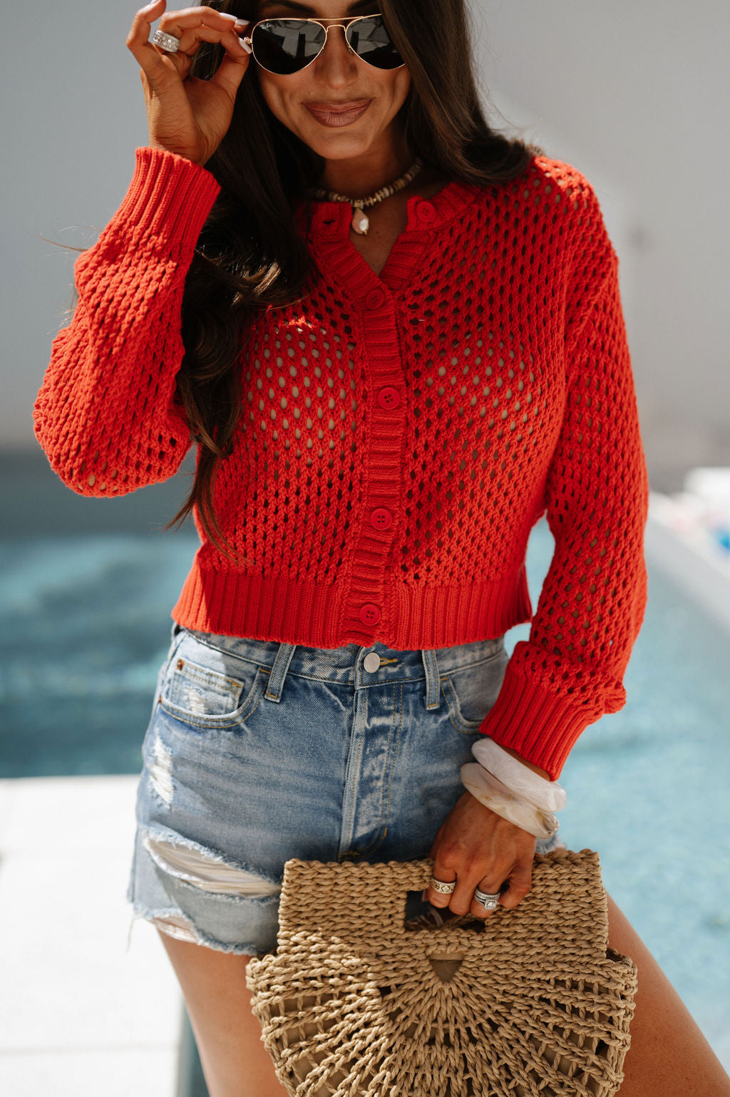 Crochet Knitted Cardigan-Cherry