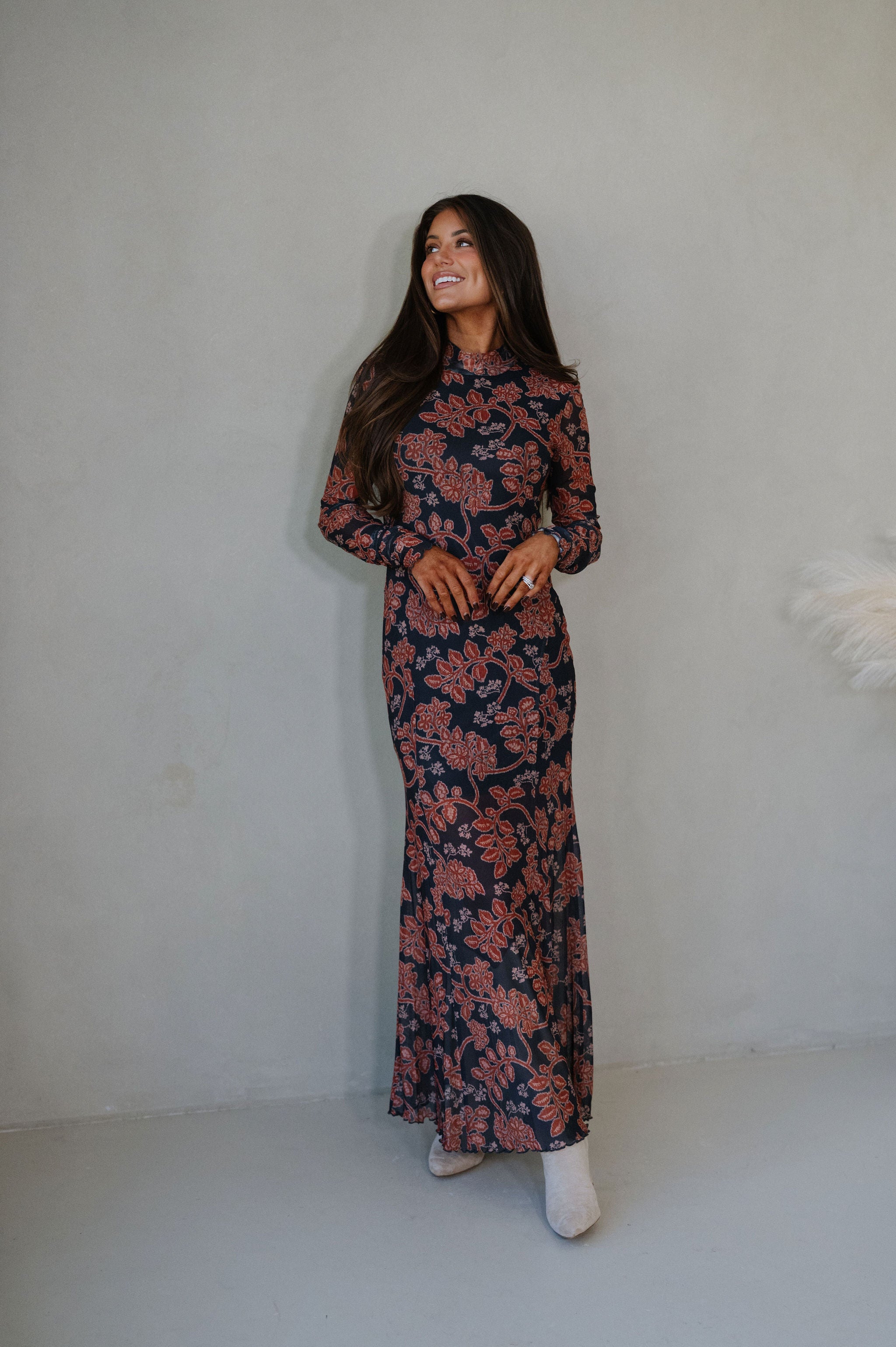 Floral Mesh Maxi Dress-Charcoal