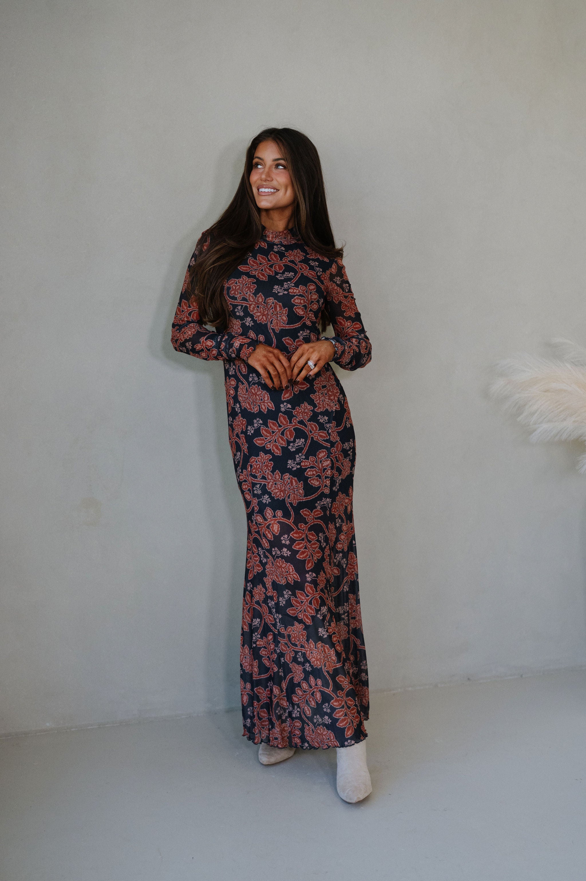 Floral Mesh Maxi Dress-Charcoal