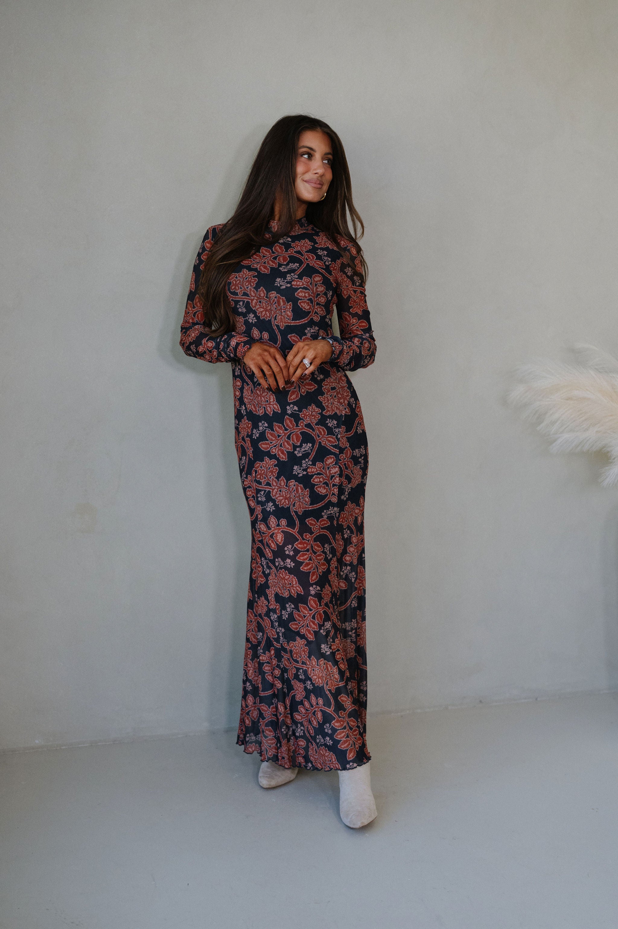 Floral Mesh Maxi Dress-Charcoal