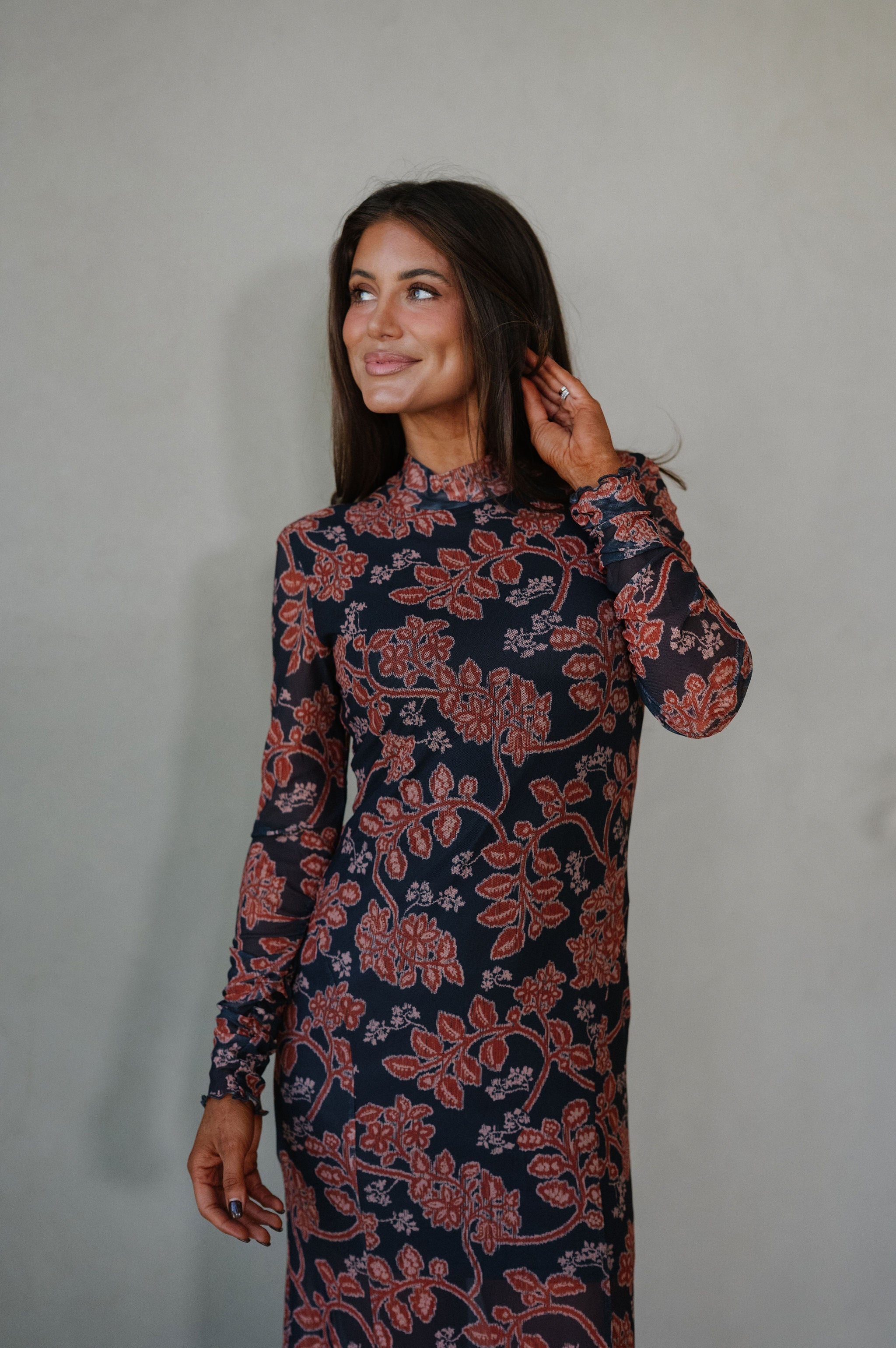 Floral Mesh Maxi Dress-Charcoal