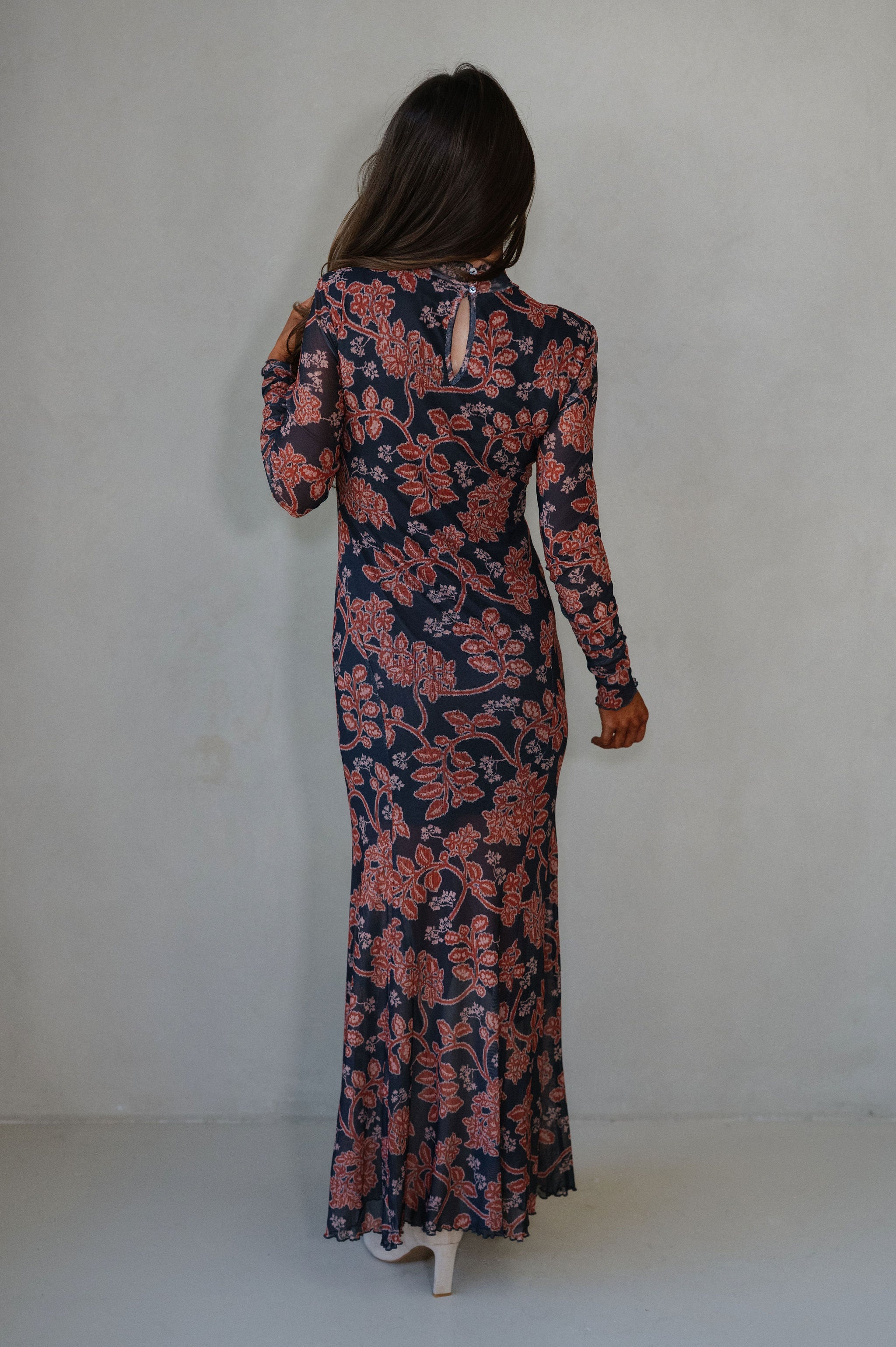 Floral Mesh Maxi Dress-Charcoal
