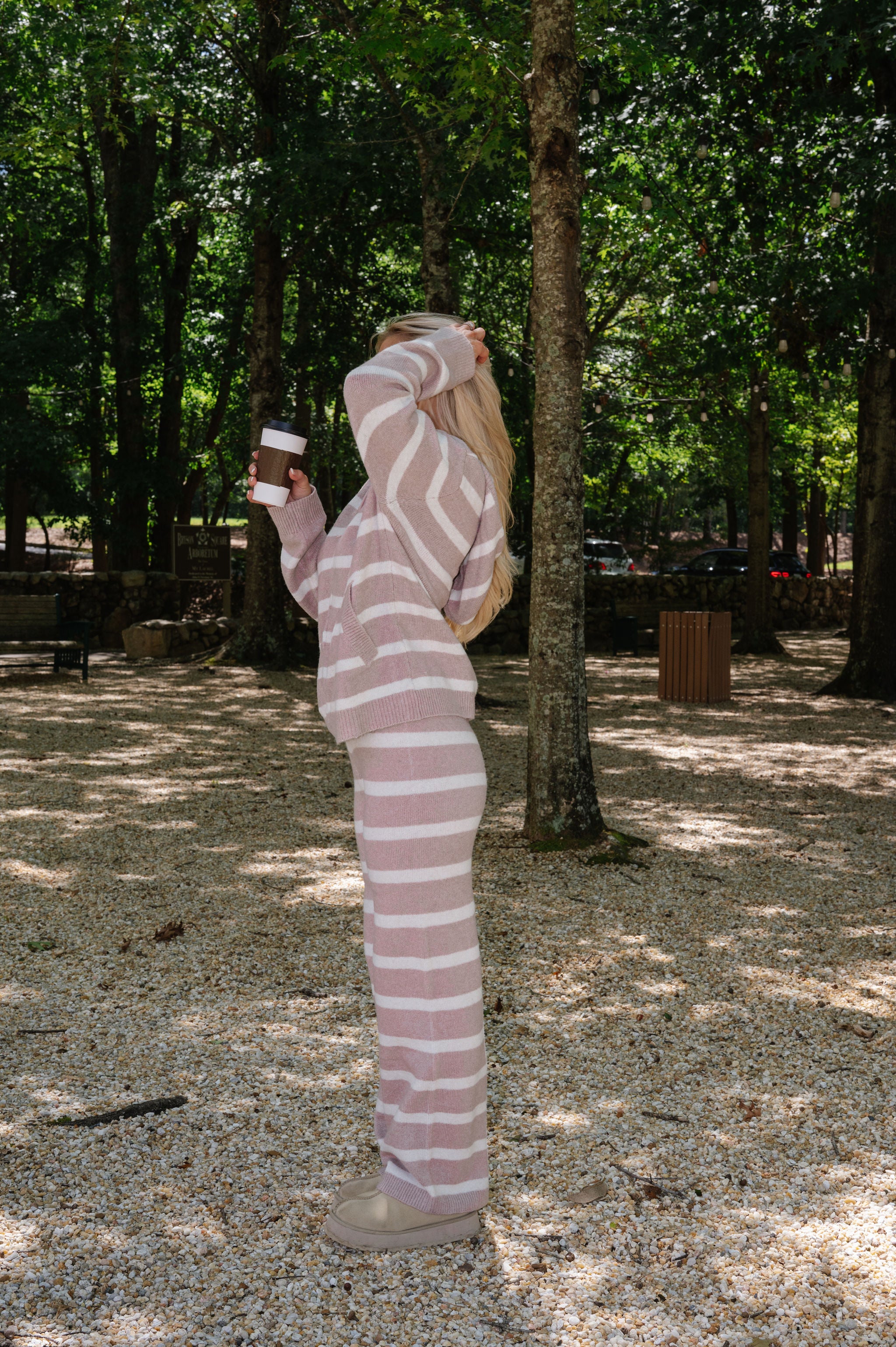 Lacey Stripe Lounge Set-Dark Nude/Ivory