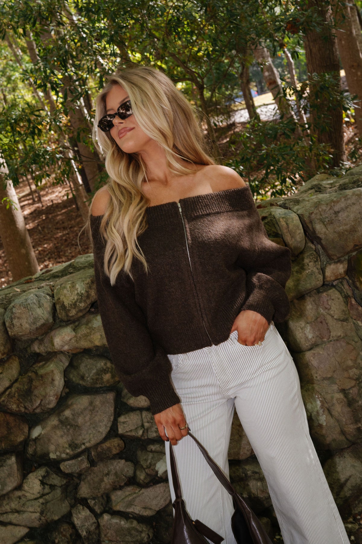 Off The Shoulder Cardigan-Brown