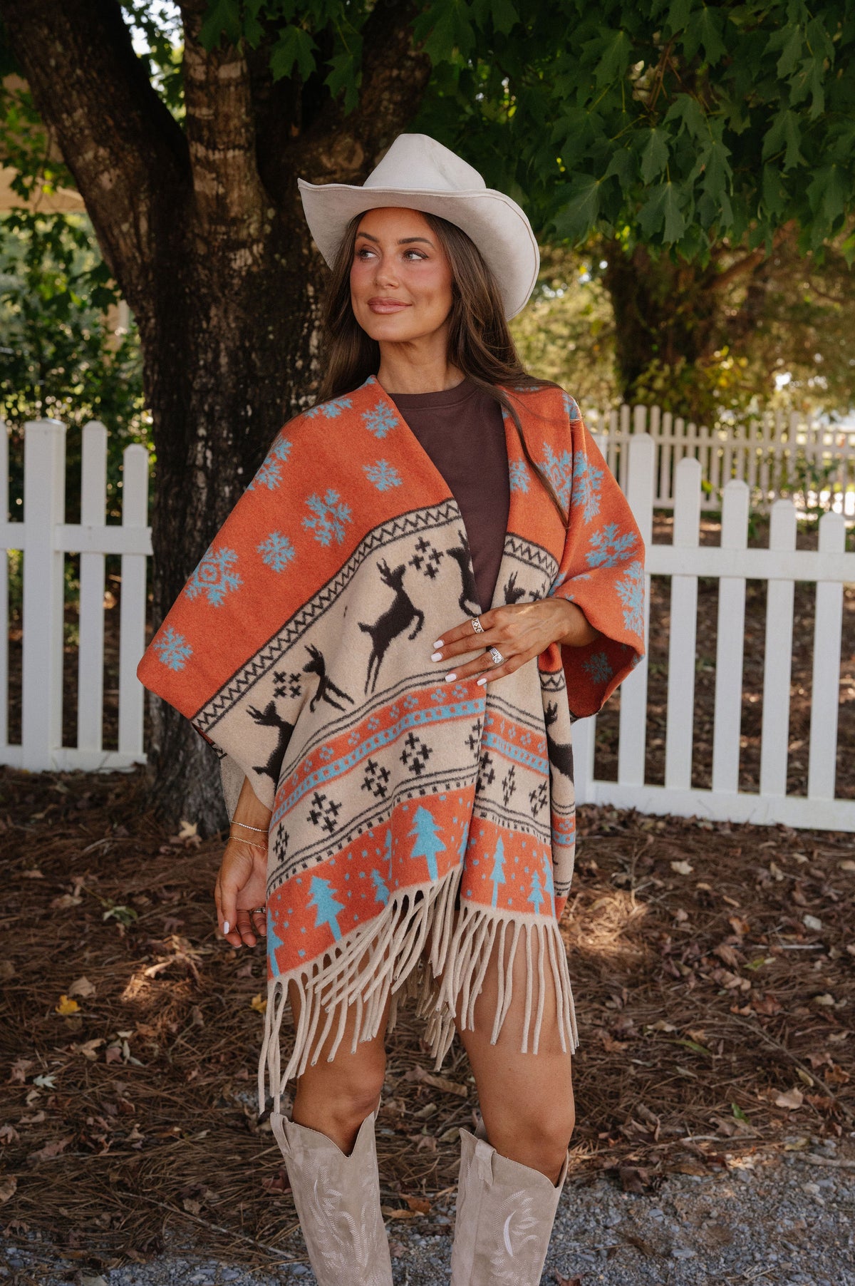 Poppy Fringed Oversized Cape-Rust