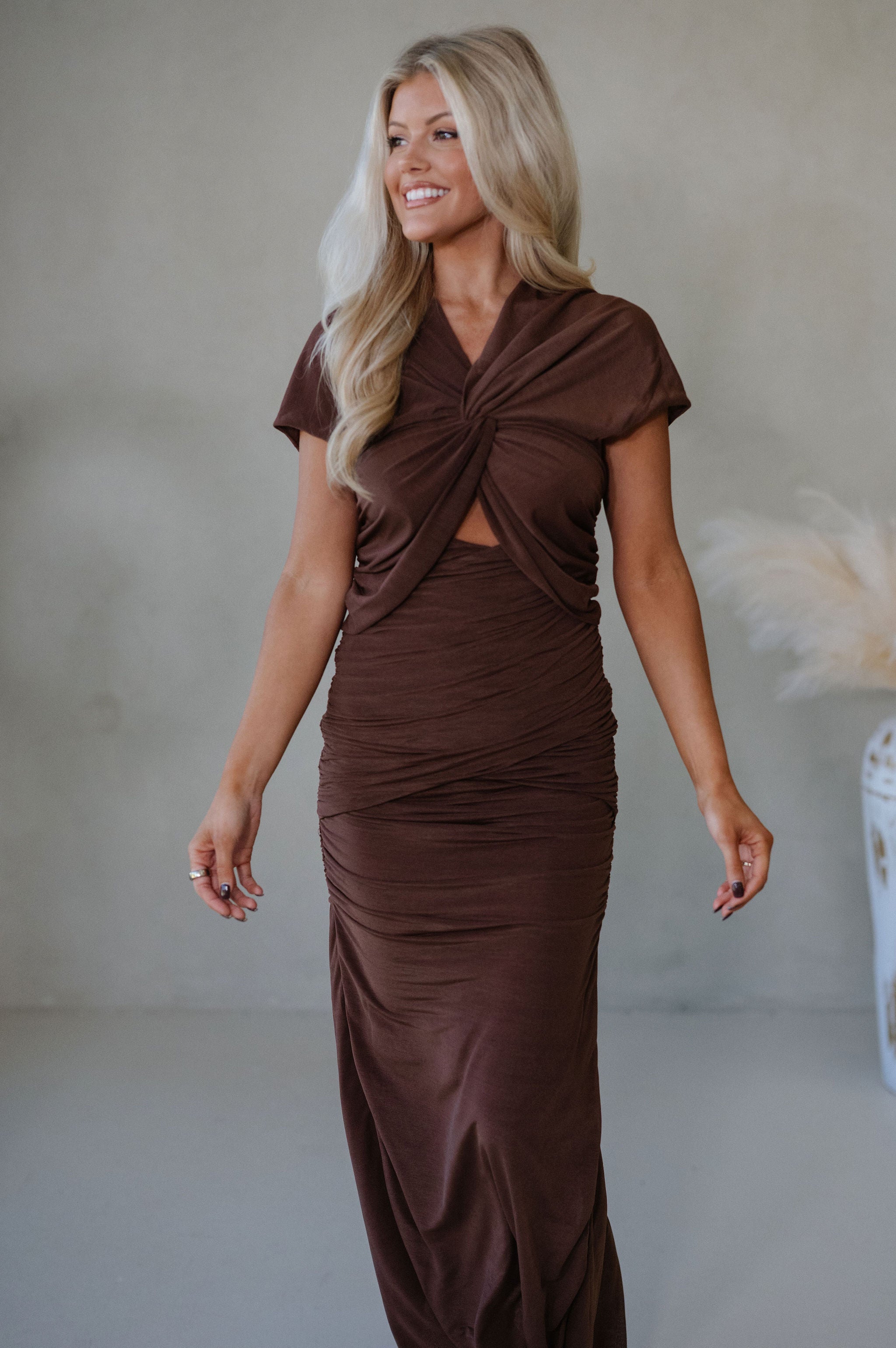 Maya Ruched Maxi Dress-Chocolate