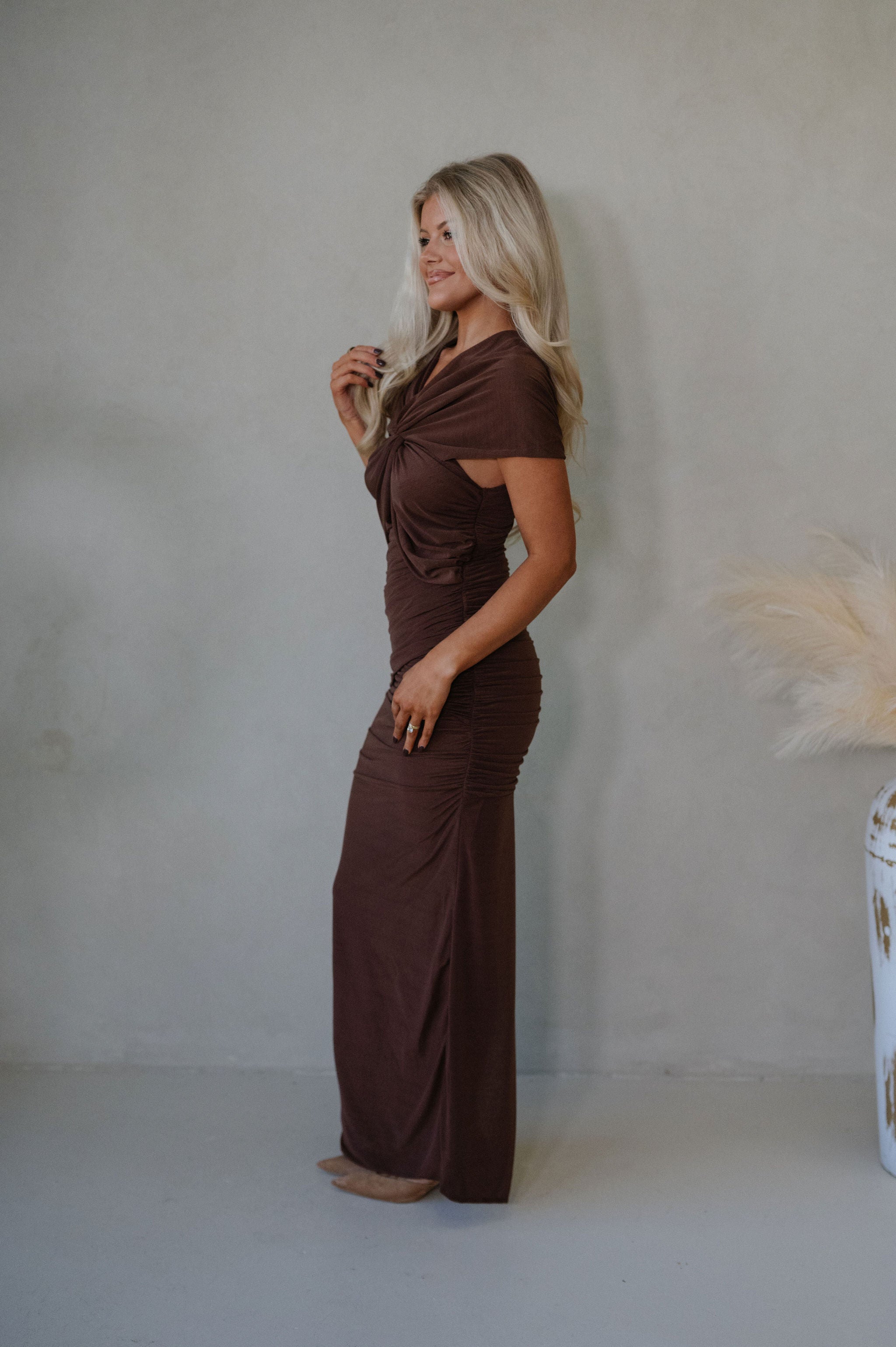 Maya Ruched Maxi Dress-Chocolate