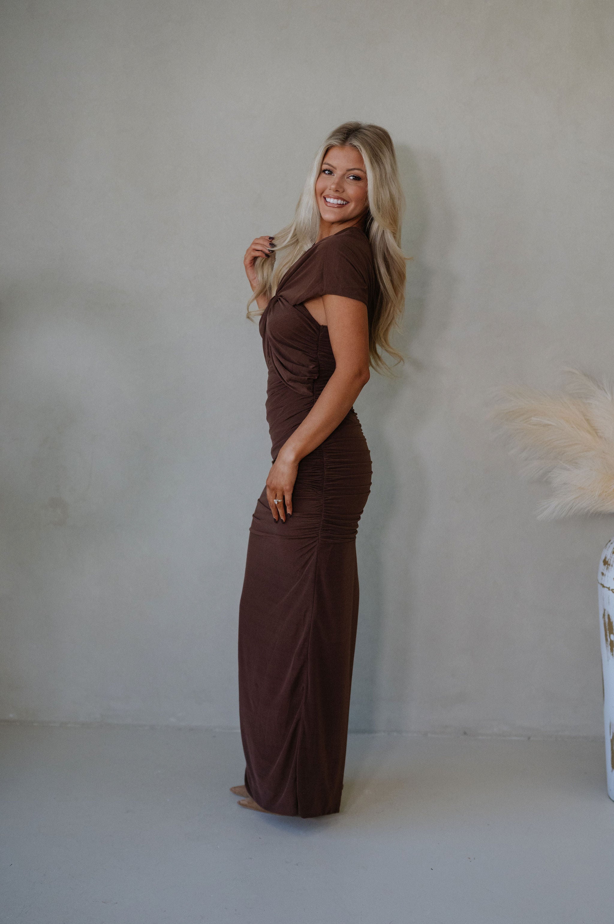 Maya Ruched Maxi Dress-Chocolate