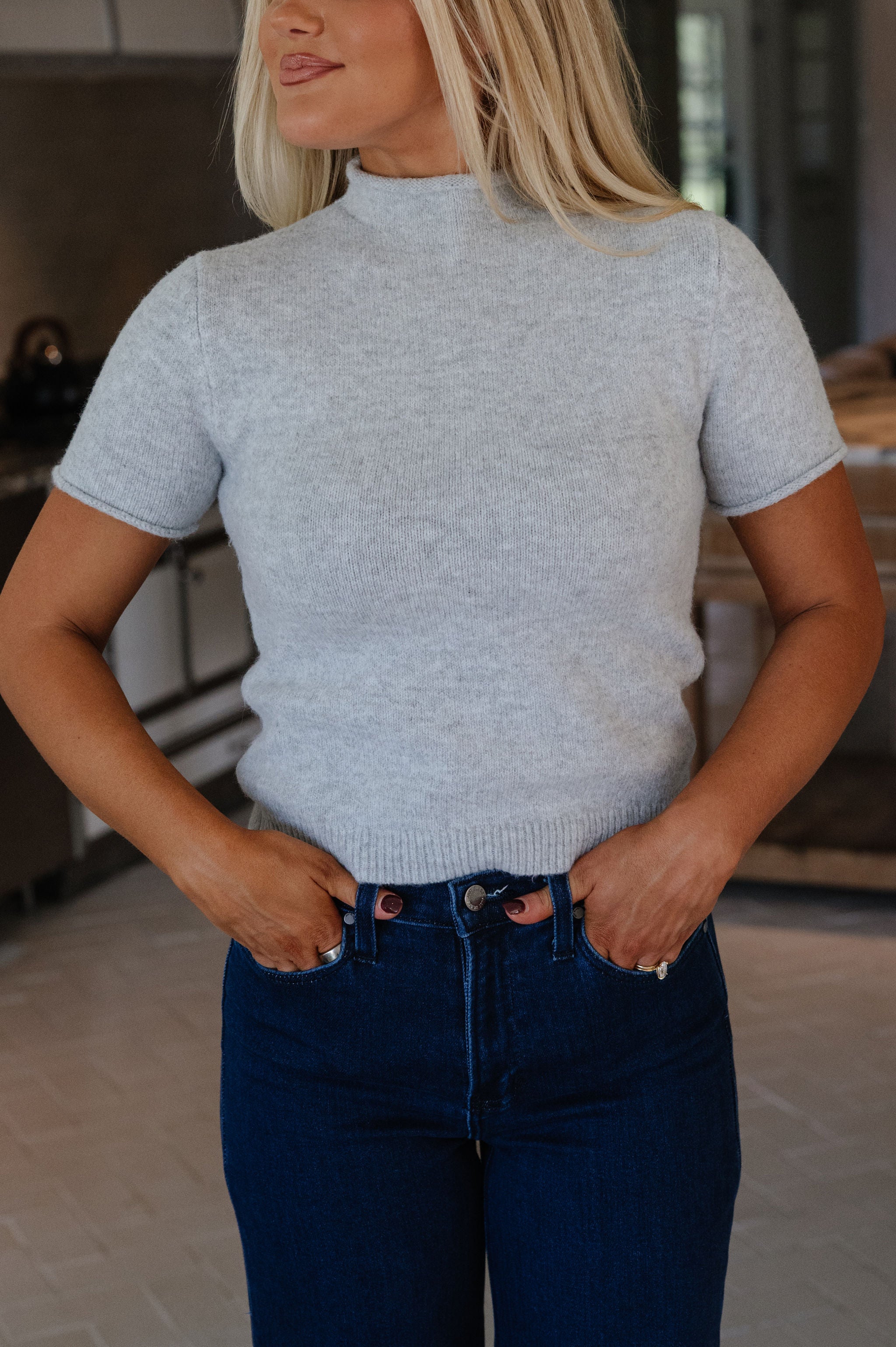 Alani Mock Neck Knit Top-Heathered Grey