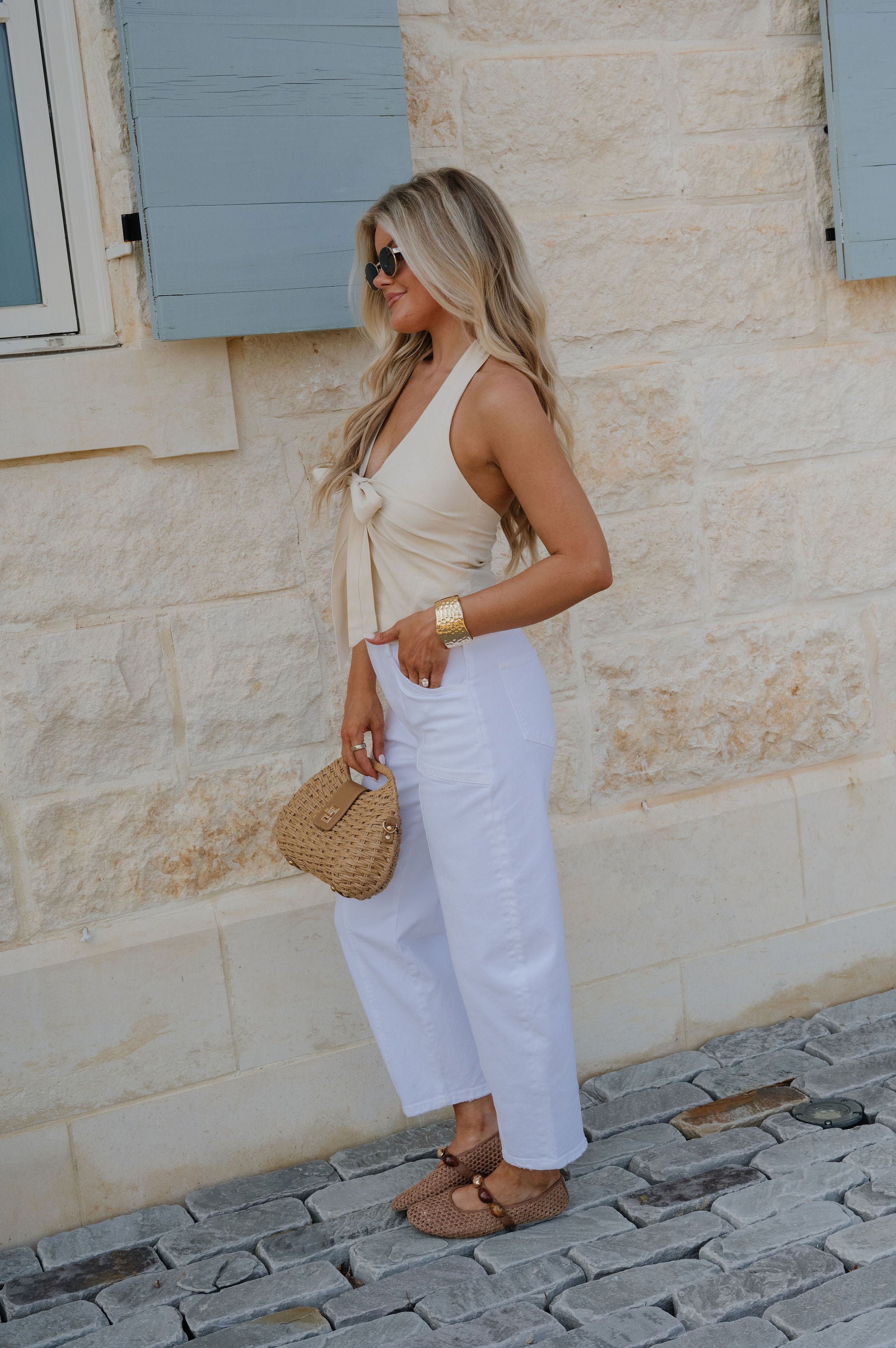 Tie Front Halter Top-Natural