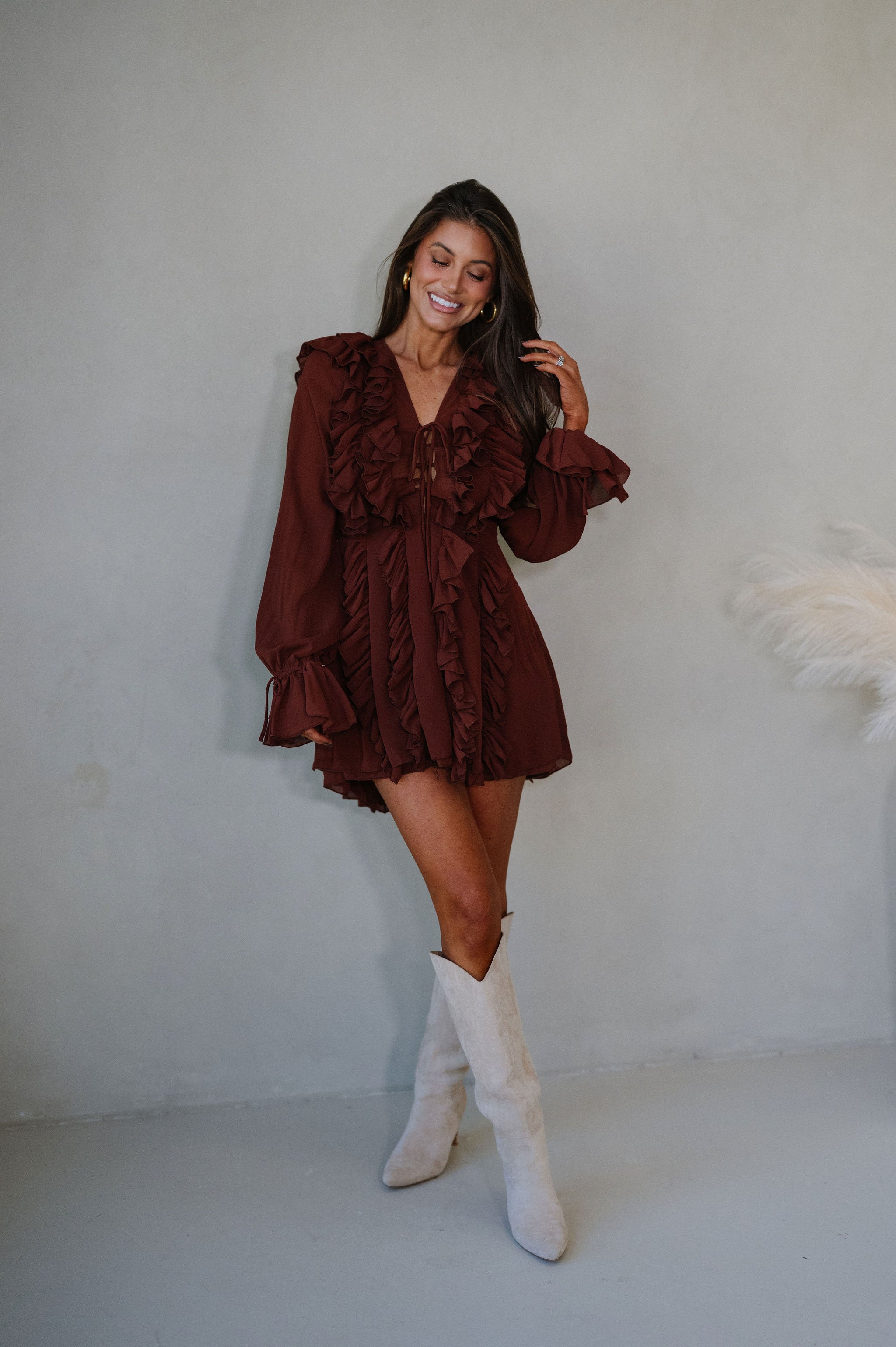 Chiffon Ruffled Mini Dress-Rust