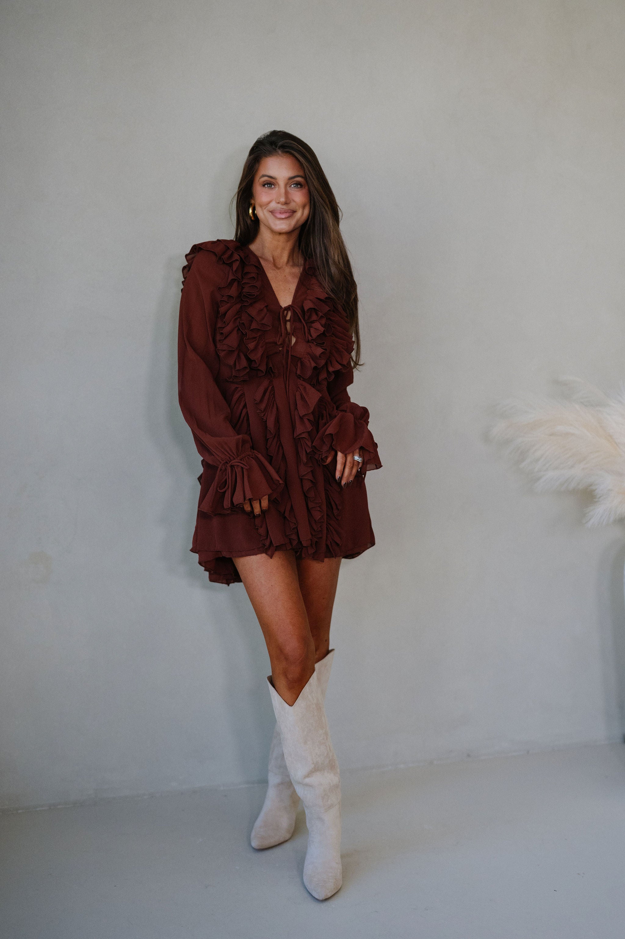 Chiffon Ruffled Mini Dress-Rust