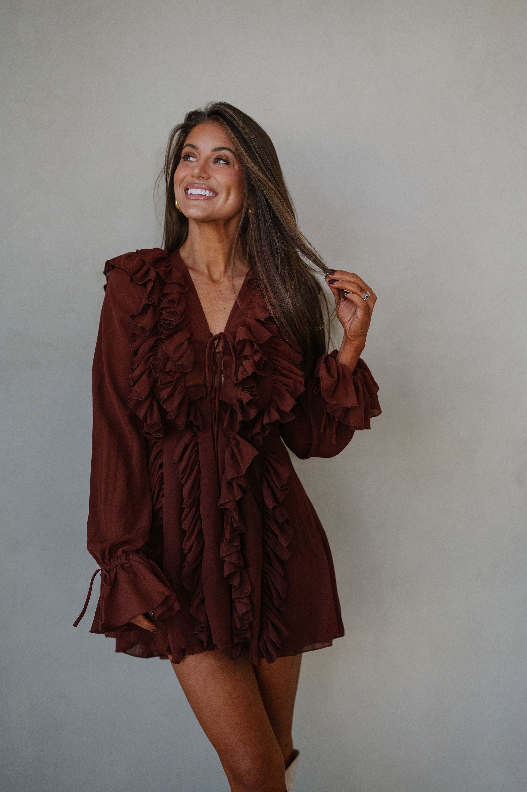Chiffon Ruffled Mini Dress-Rust
