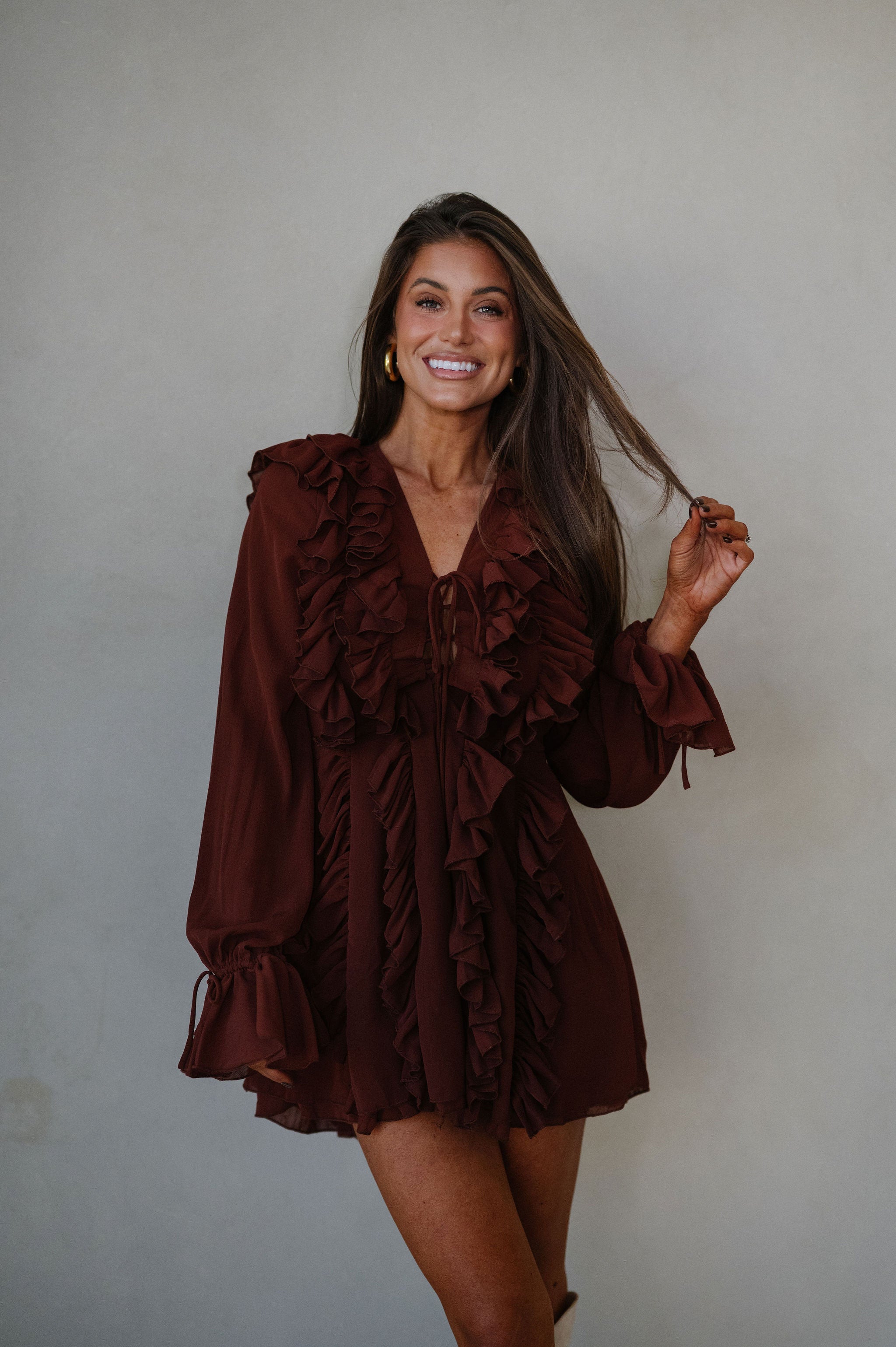 Chiffon Ruffled Mini Dress-Rust