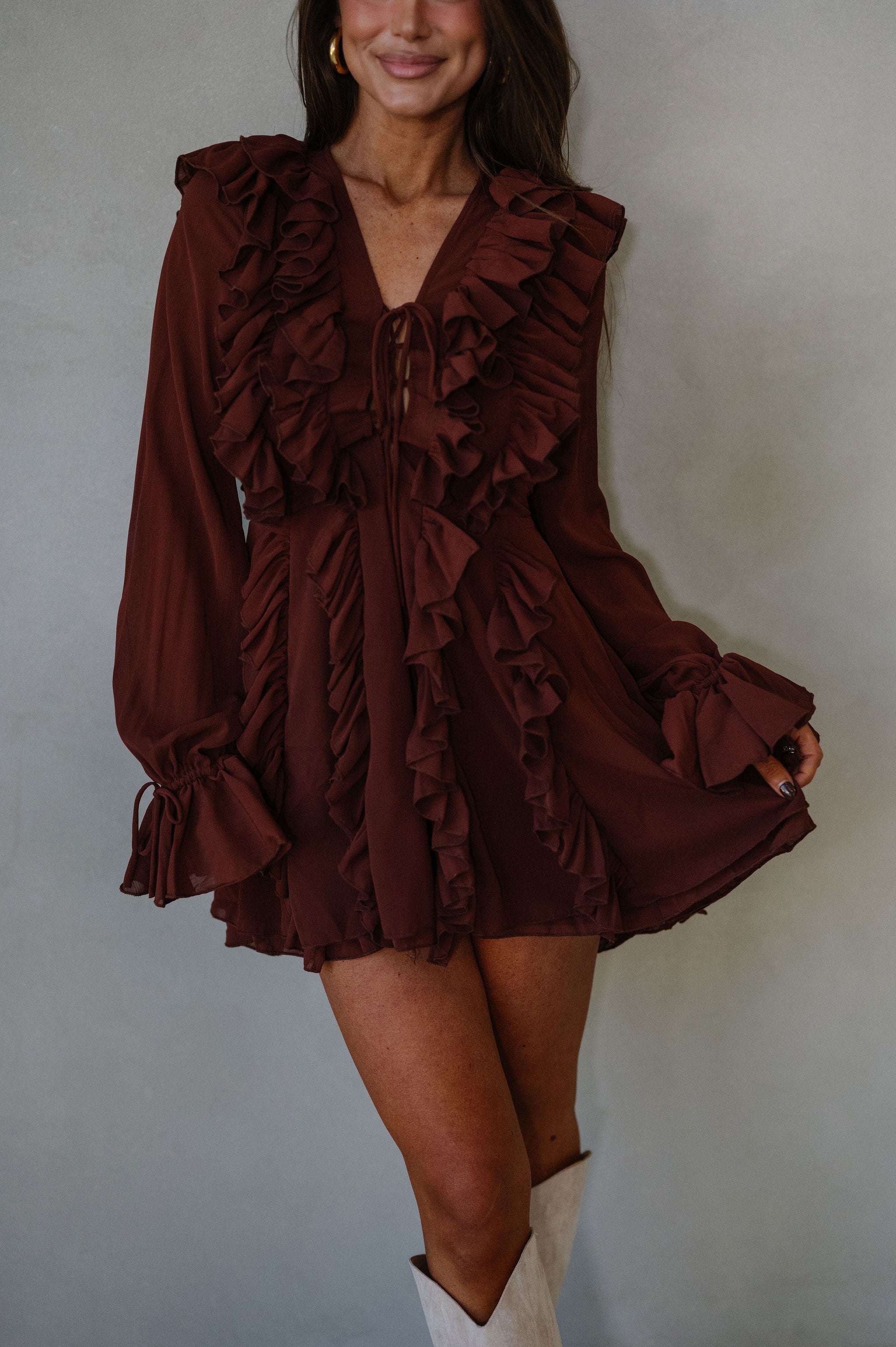 Chiffon Ruffled Mini Dress-Rust