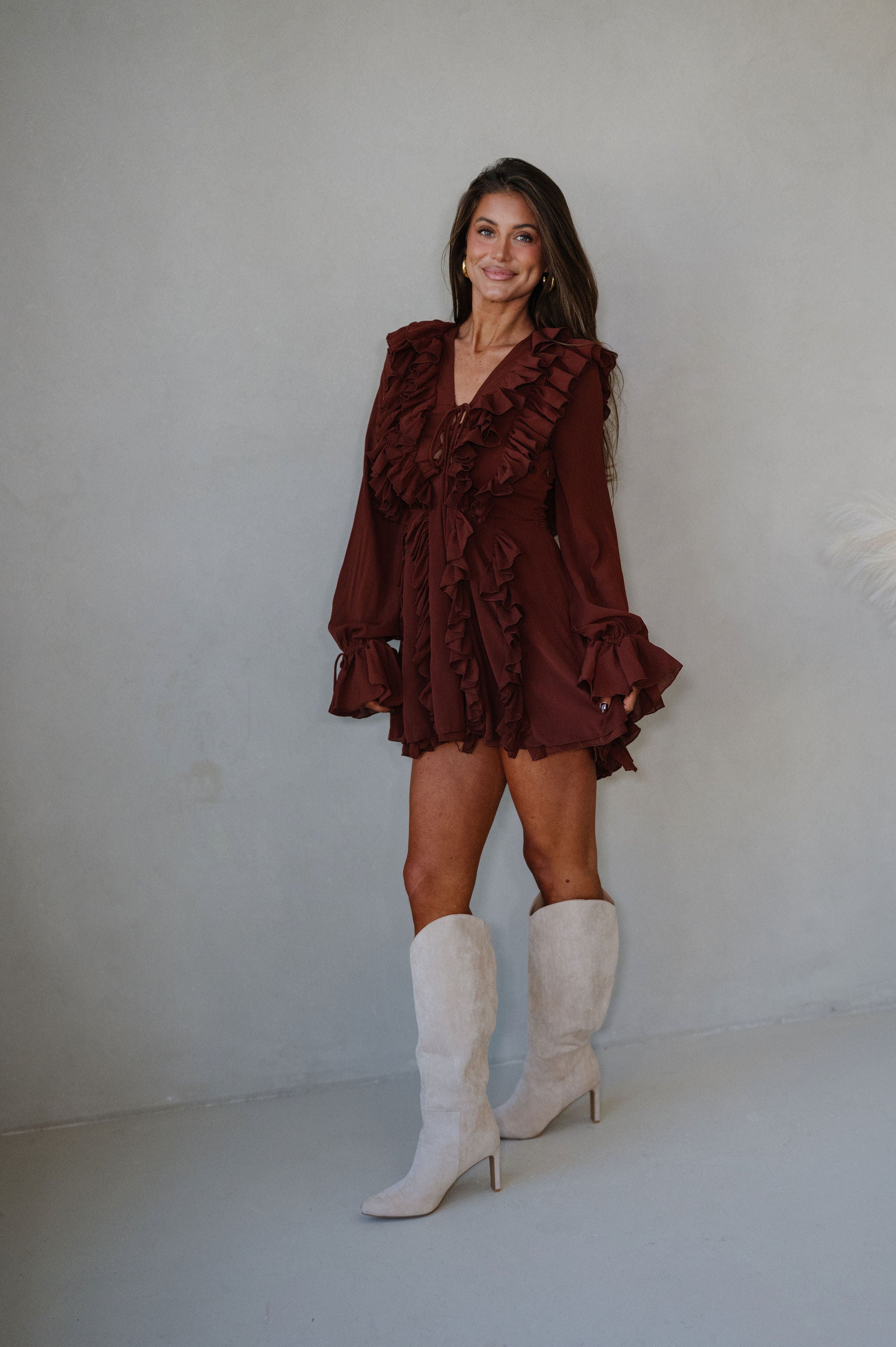 Chiffon Ruffled Mini Dress-Rust