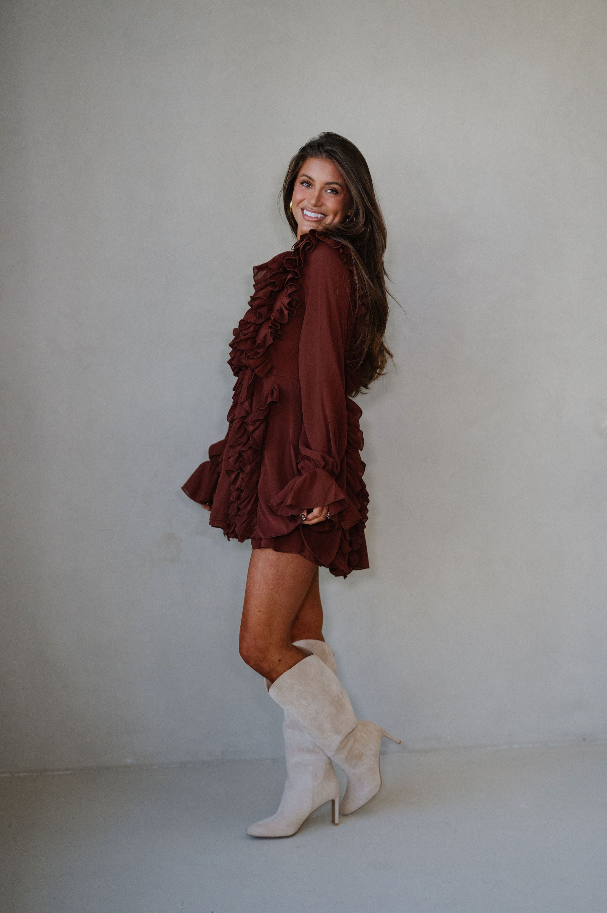 Chiffon Ruffled Mini Dress-Rust