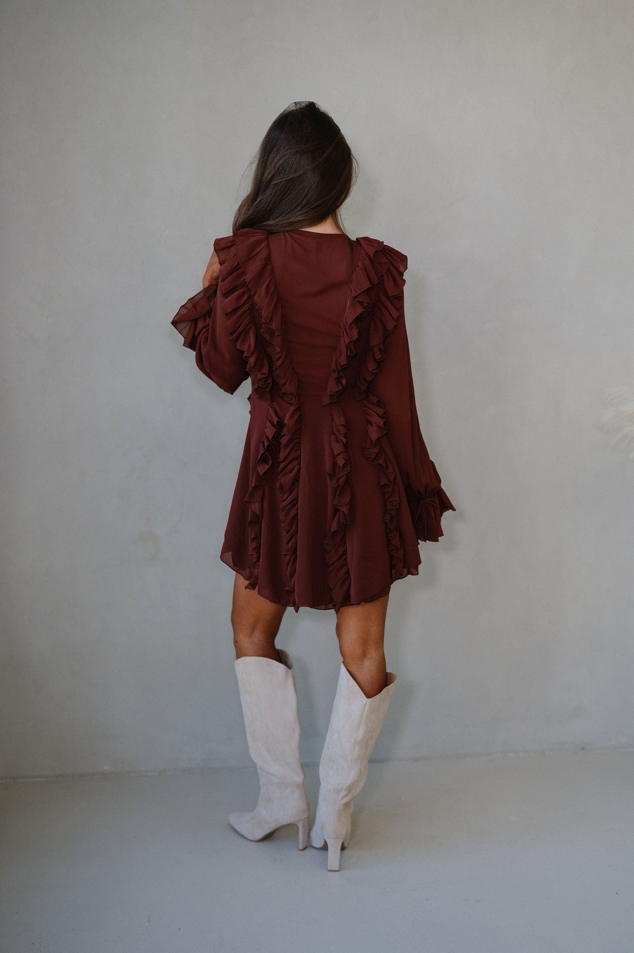 Chiffon Ruffled Mini Dress-Rust