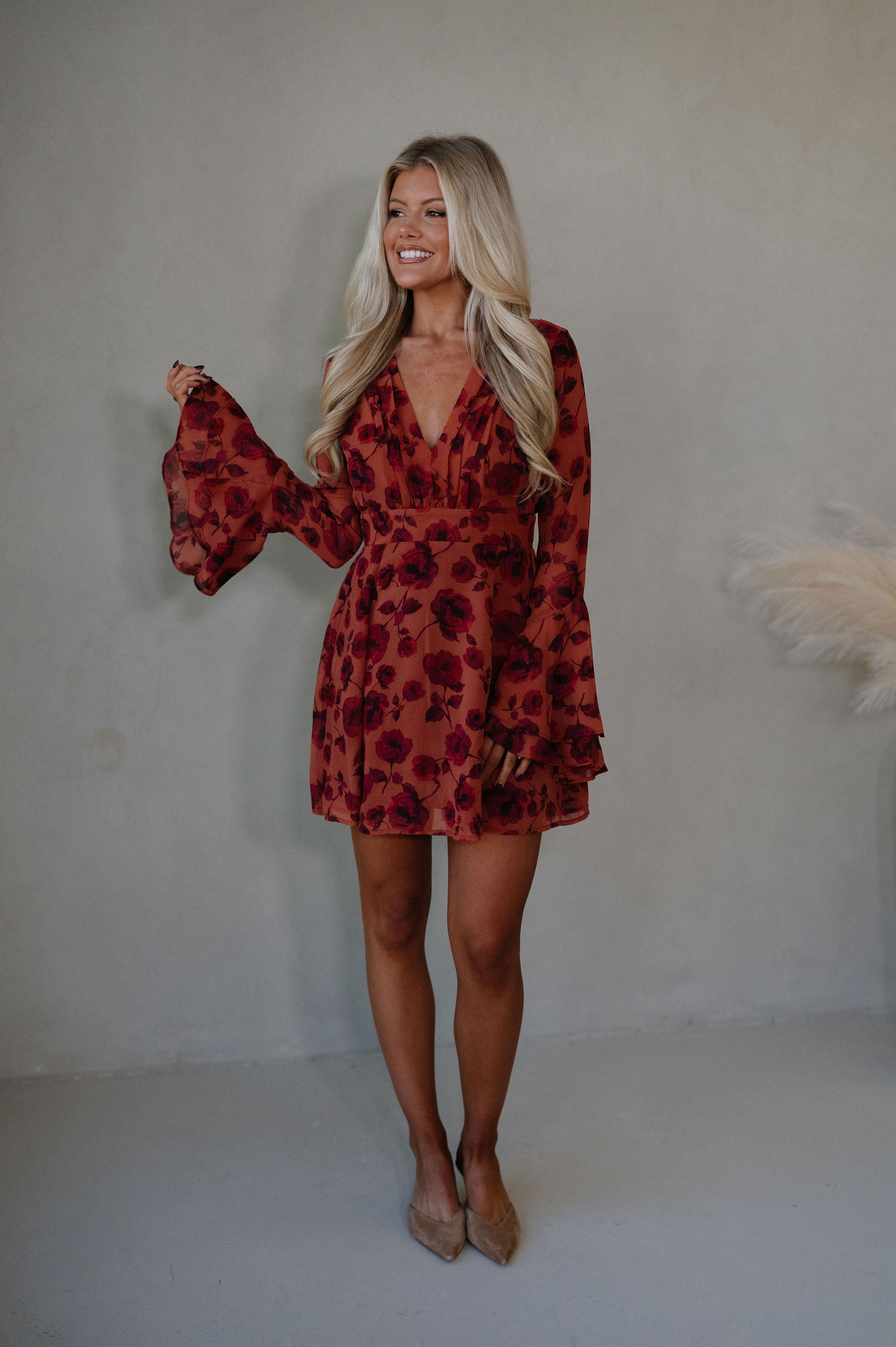 Vivian Bell Sleeve Mini Dress-Red/Rust