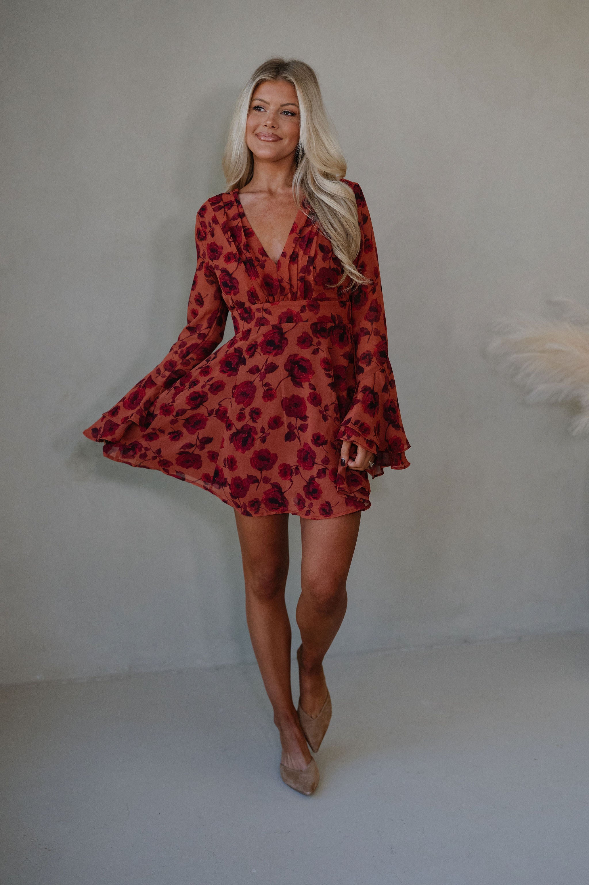 Vivian Bell Sleeve Mini Dress-Red/Rust