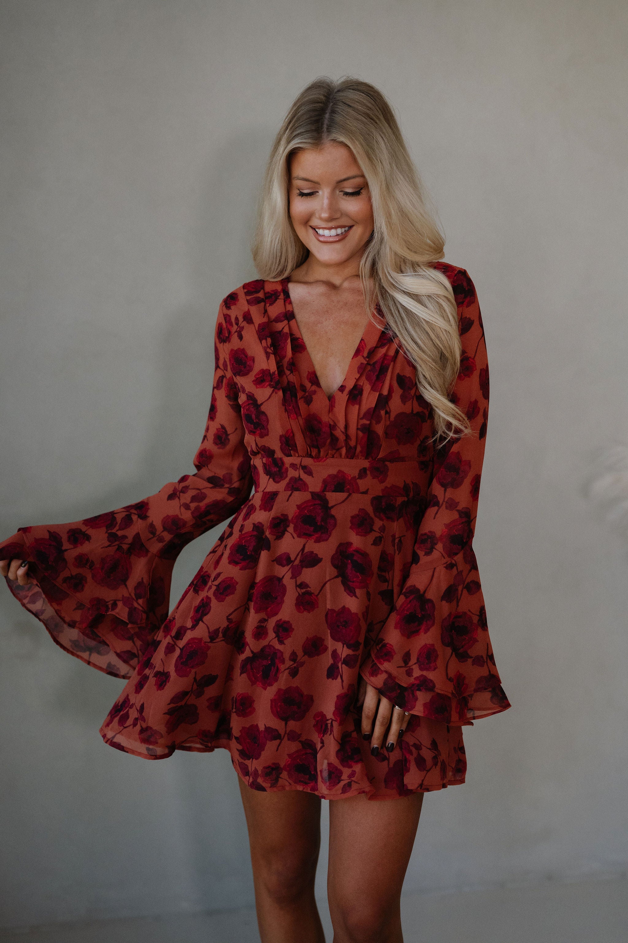 Vivian Bell Sleeve Mini Dress-Red/Rust