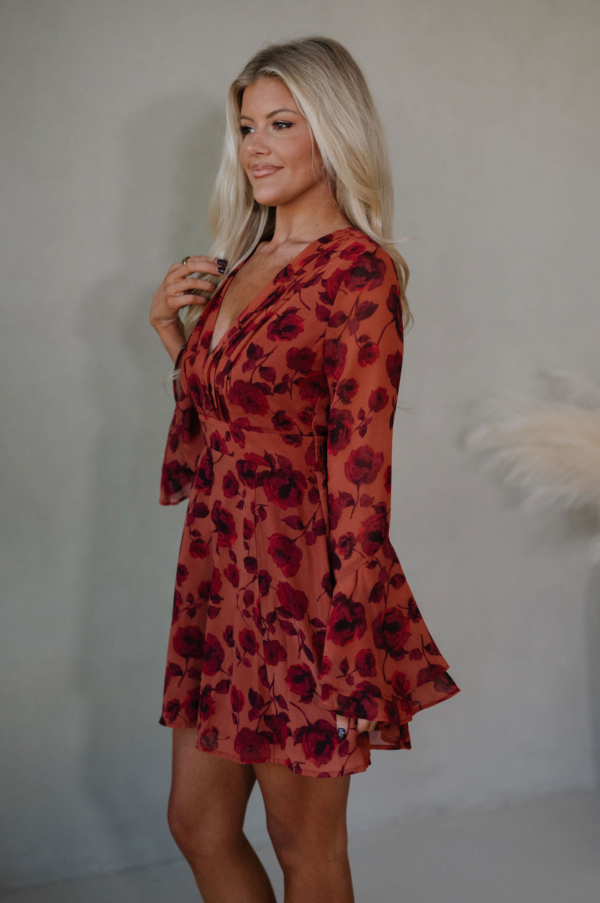 Vivian Bell Sleeve Mini Dress-Red/Rust