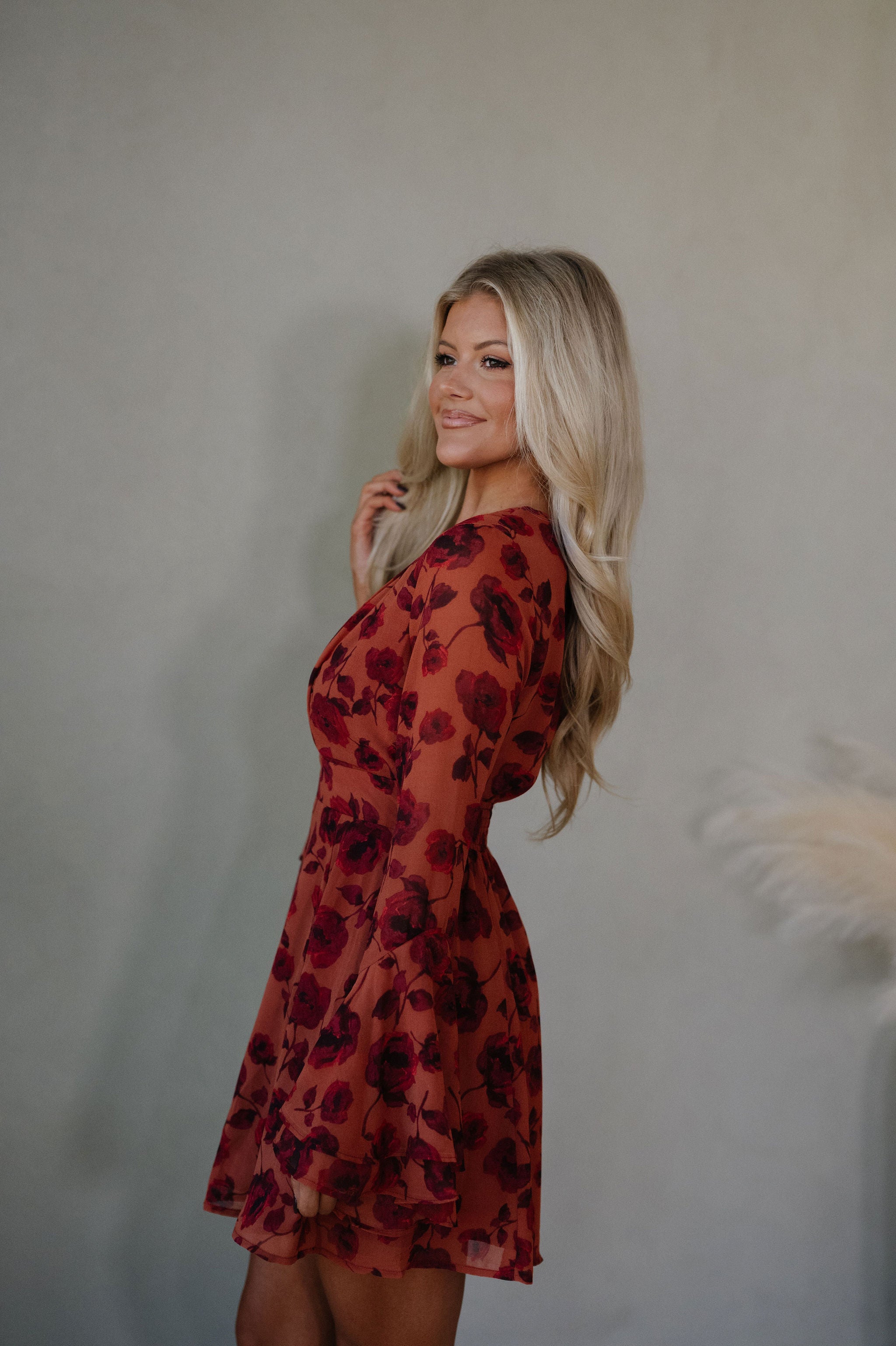 Vivian Bell Sleeve Mini Dress-Red/Rust