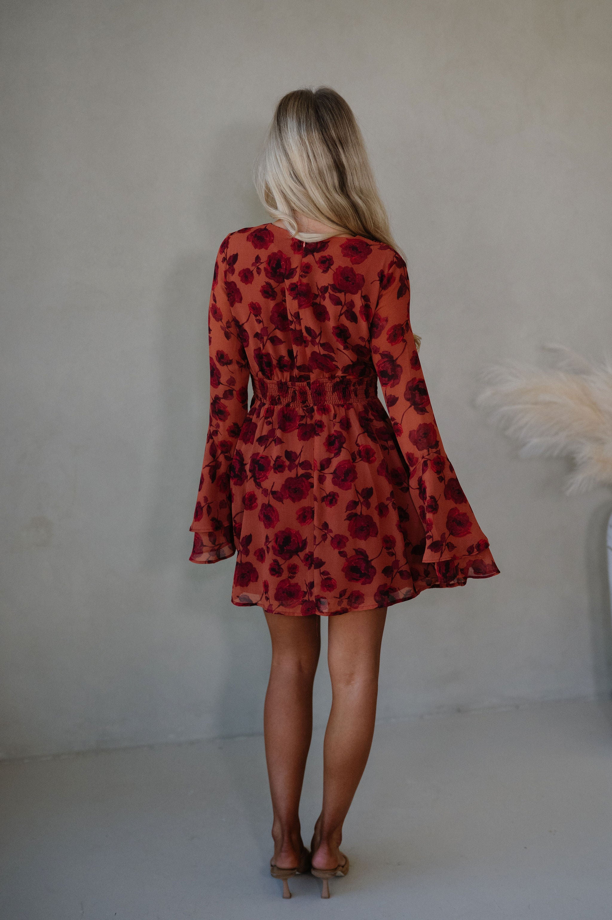 Vivian Bell Sleeve Mini Dress-Red/Rust