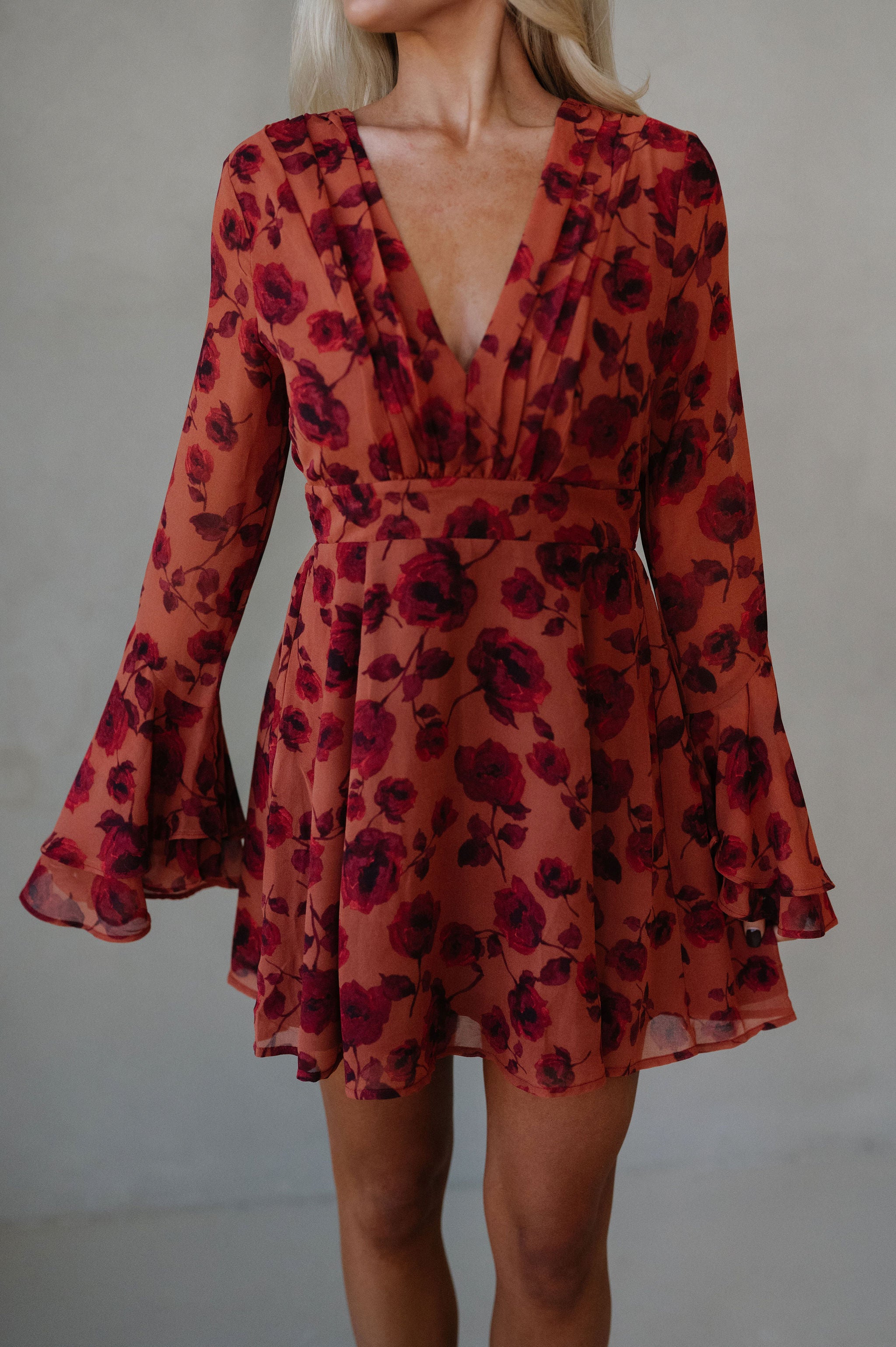 Vivian Bell Sleeve Mini Dress-Red/Rust