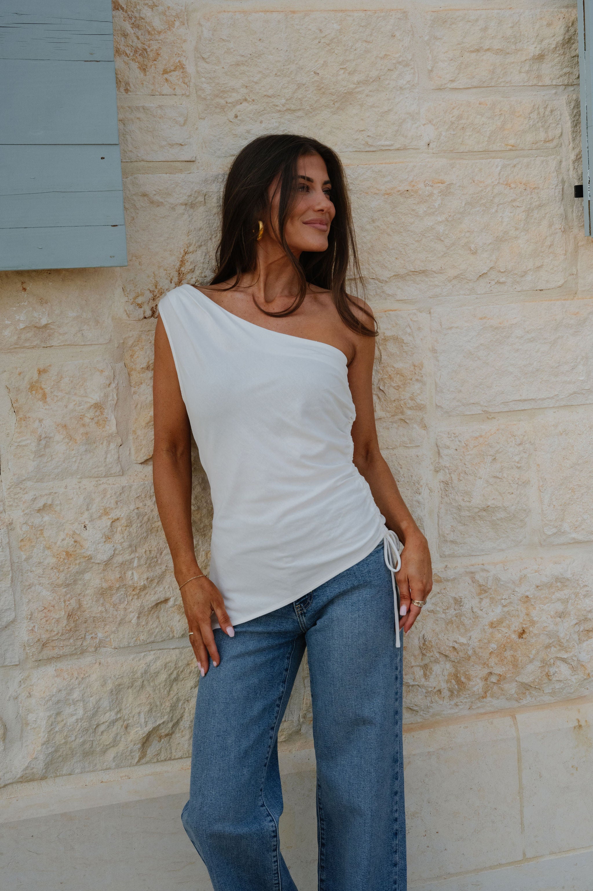 Elsie Linen Ruched Top-Ivory