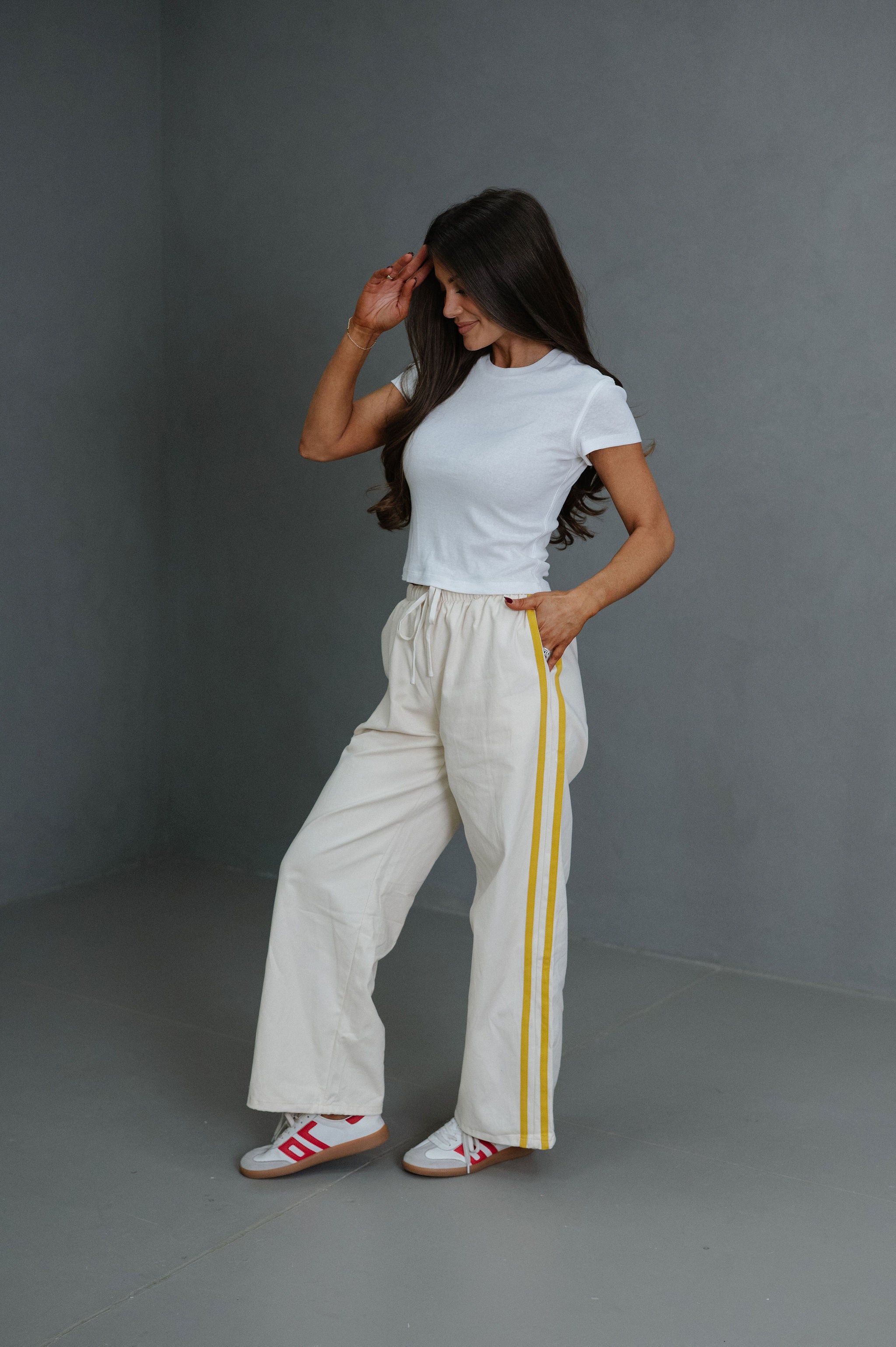 Ellie Wide Leg Track Pants-Ivory/Yellow