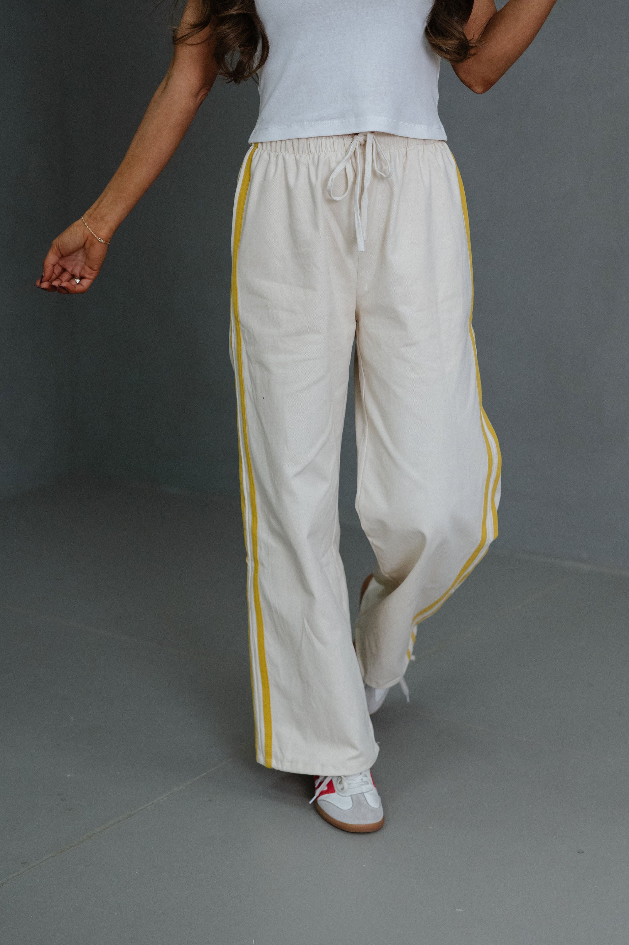 DOORBUSTER//Ellie Wide Leg Track Pants-Ivory/Yellow
