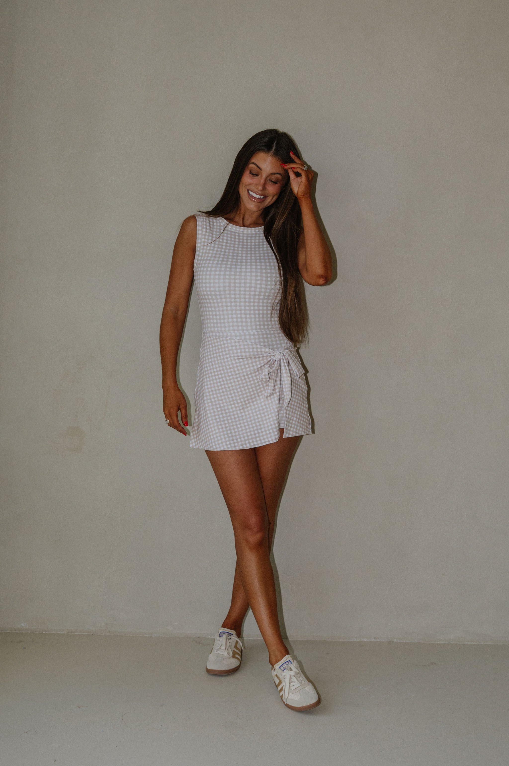 Gingham Wrap Tie Dress-Beige