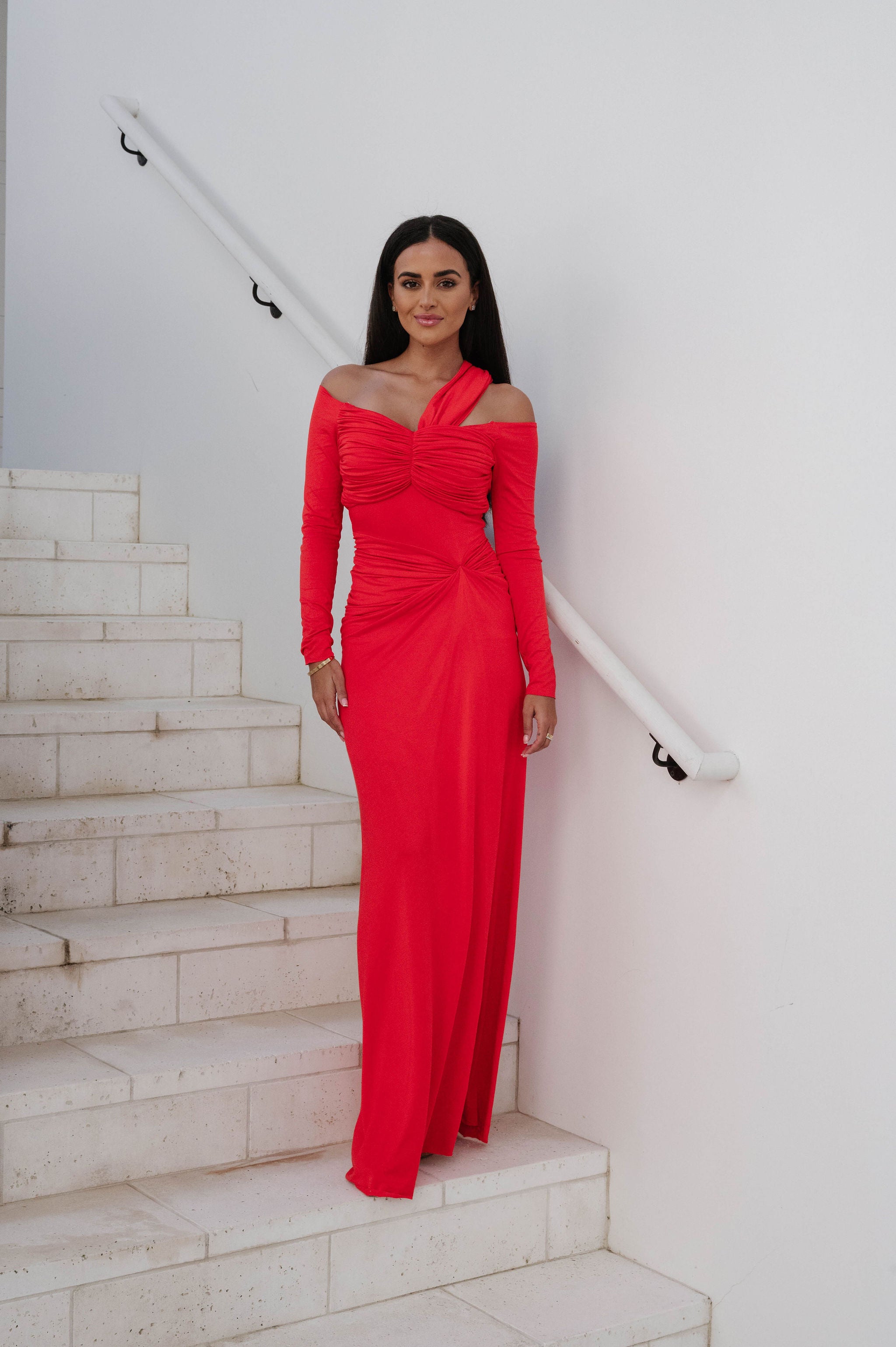 Loren OTS Ruched Maxi Dress-Red
