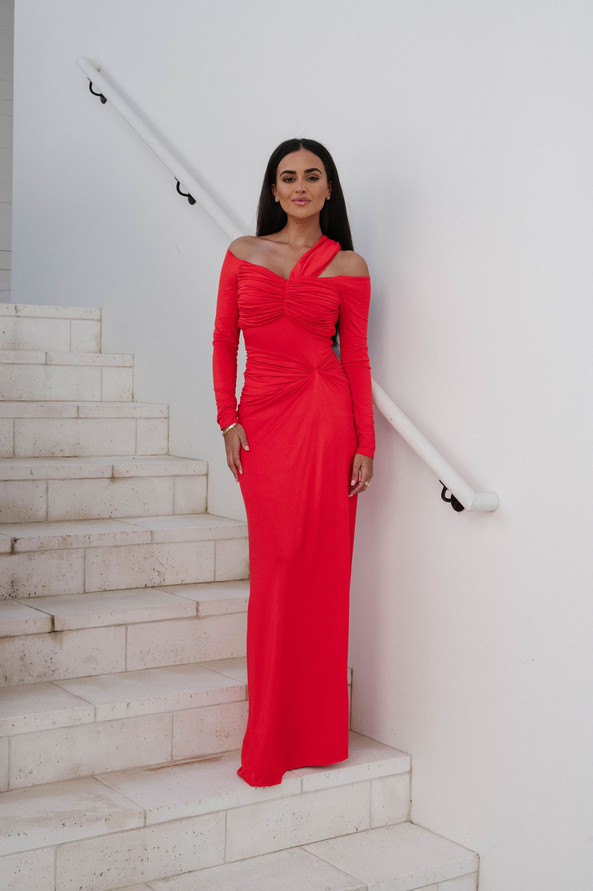 Loren OTS Ruched Maxi Dress-Red