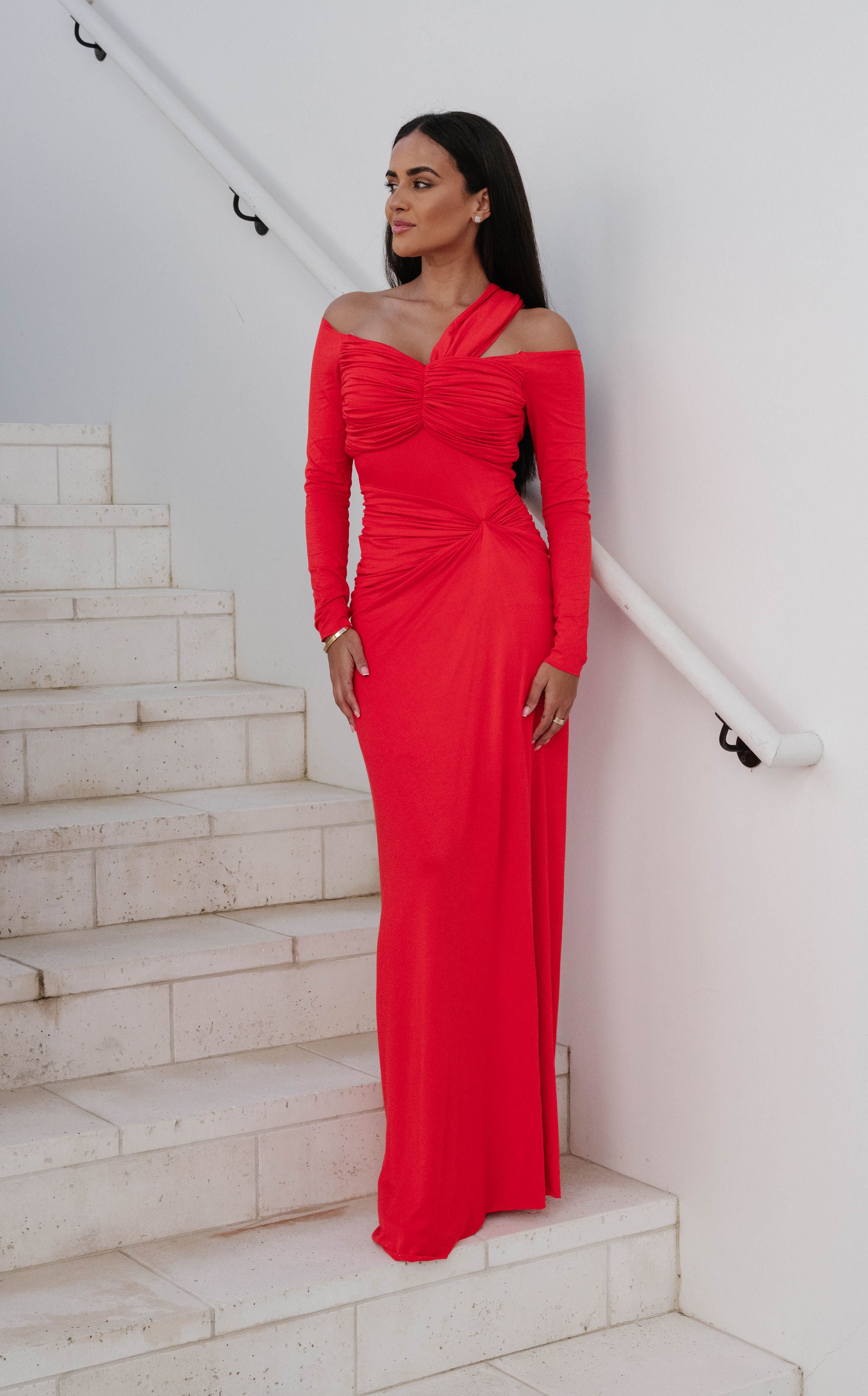 Loren OTS Ruched Maxi Dress-Red