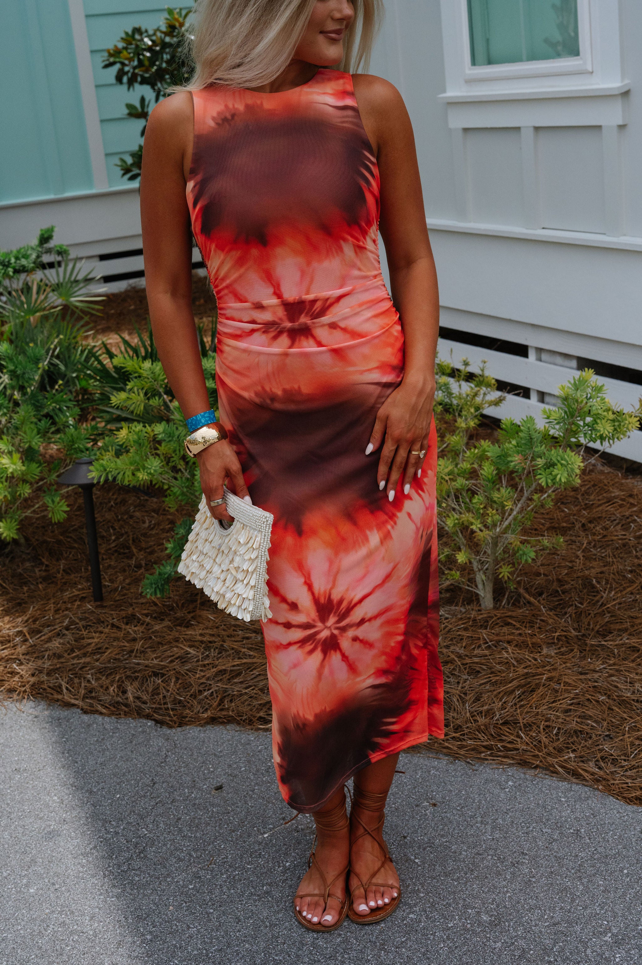 Tie Dye Mesh Midi Dress-Coral Multi