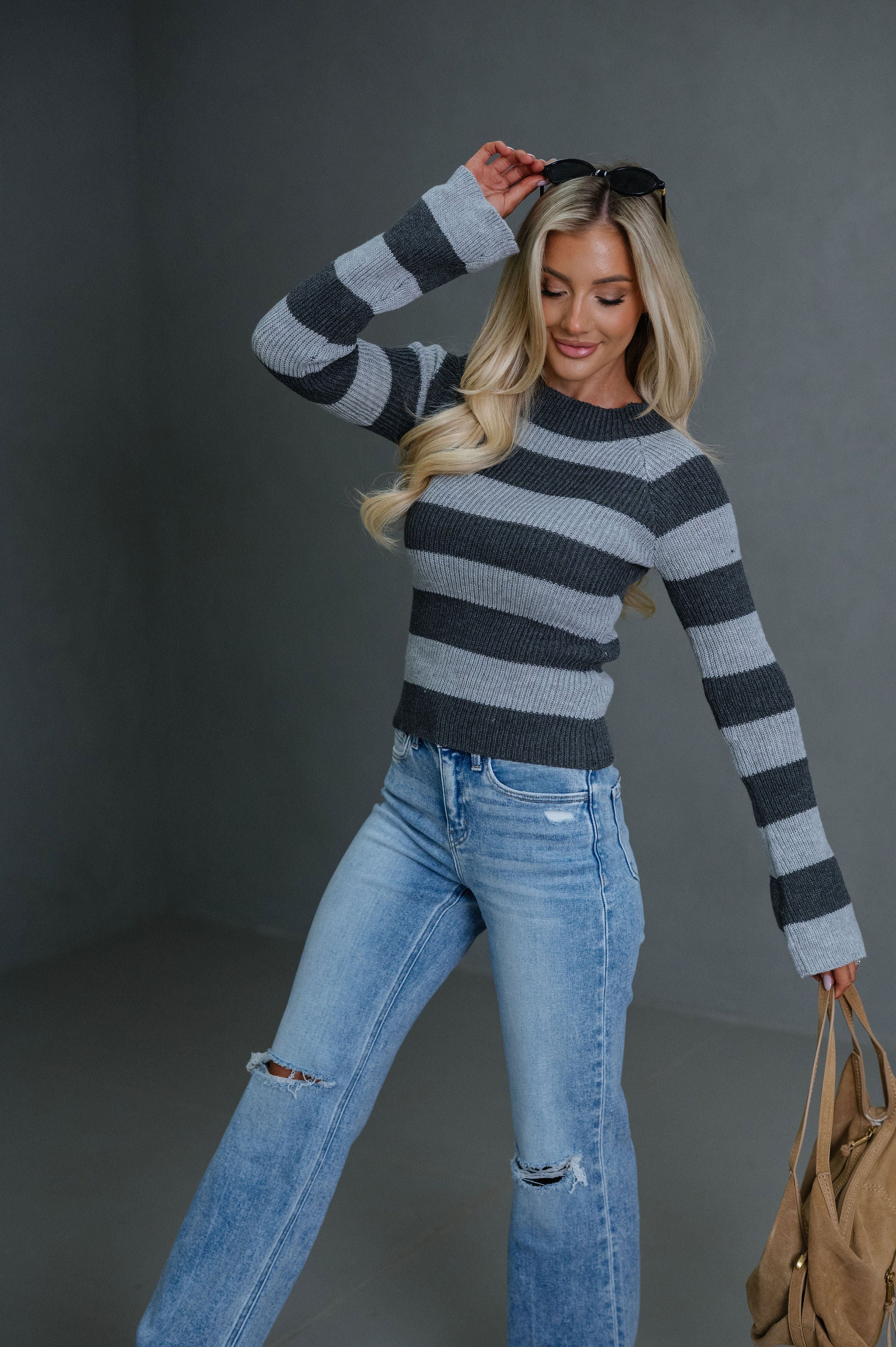 Striped Back Cut Out Sweater-Grey