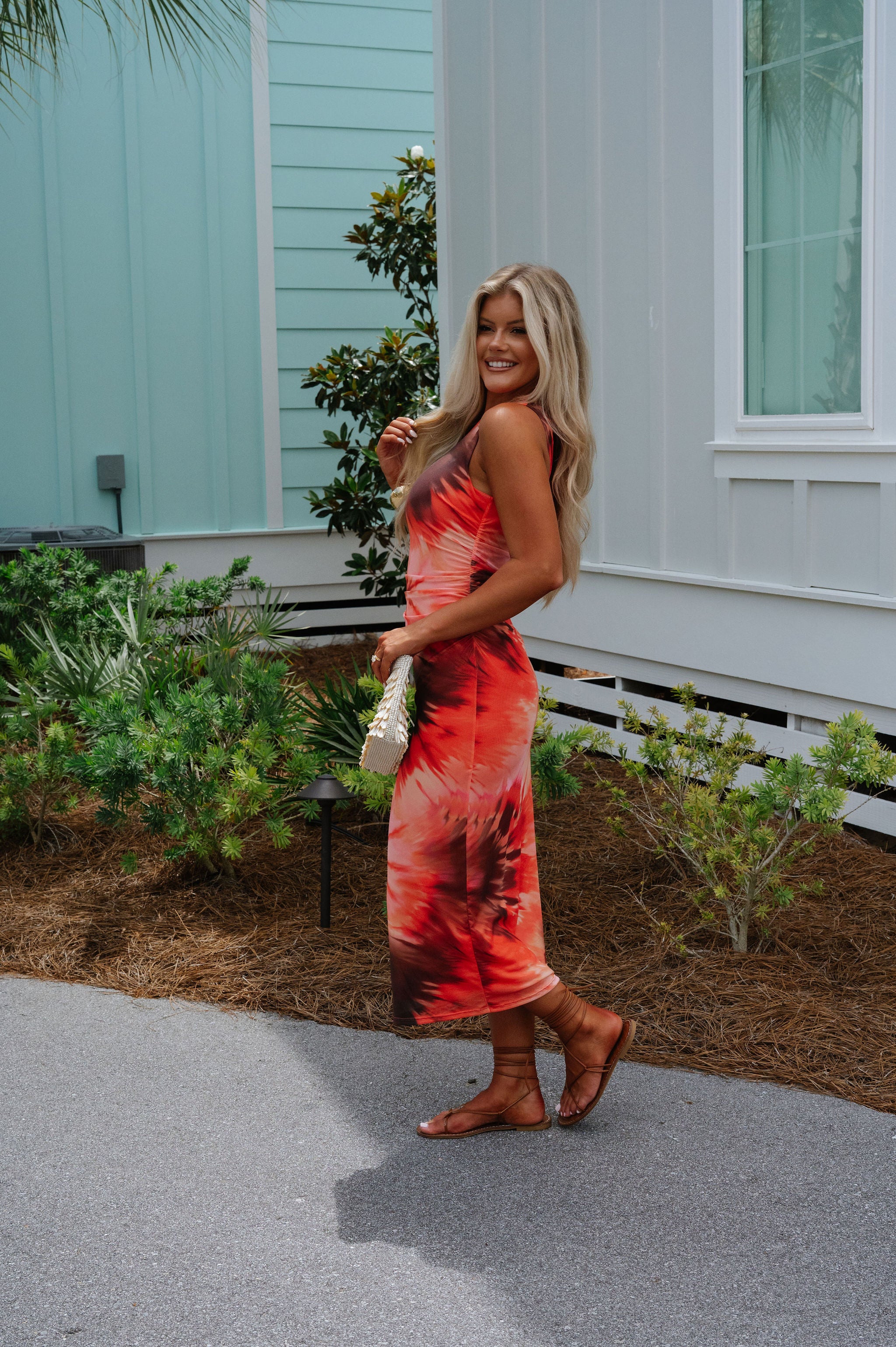 Tie Dye Mesh Midi Dress-Coral Multi