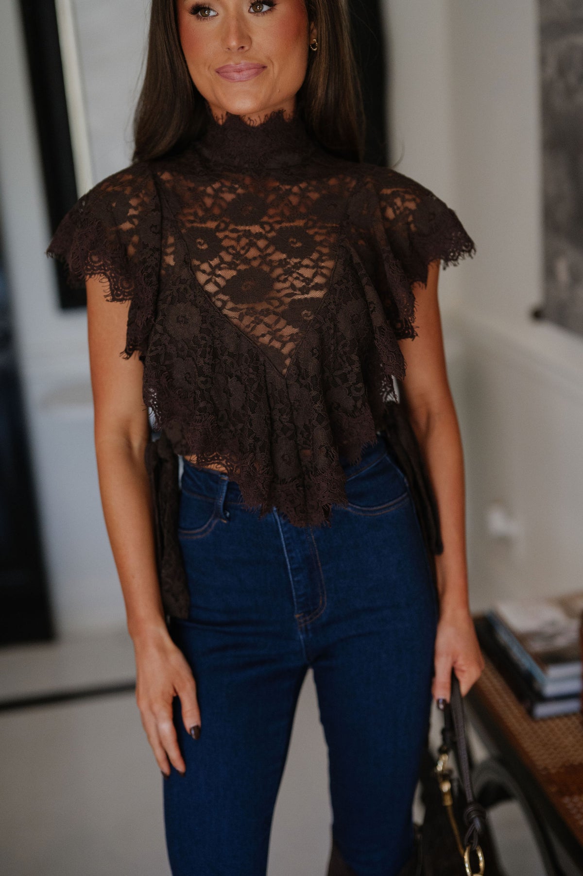 High Neck Ruffle Lace Top-Brown