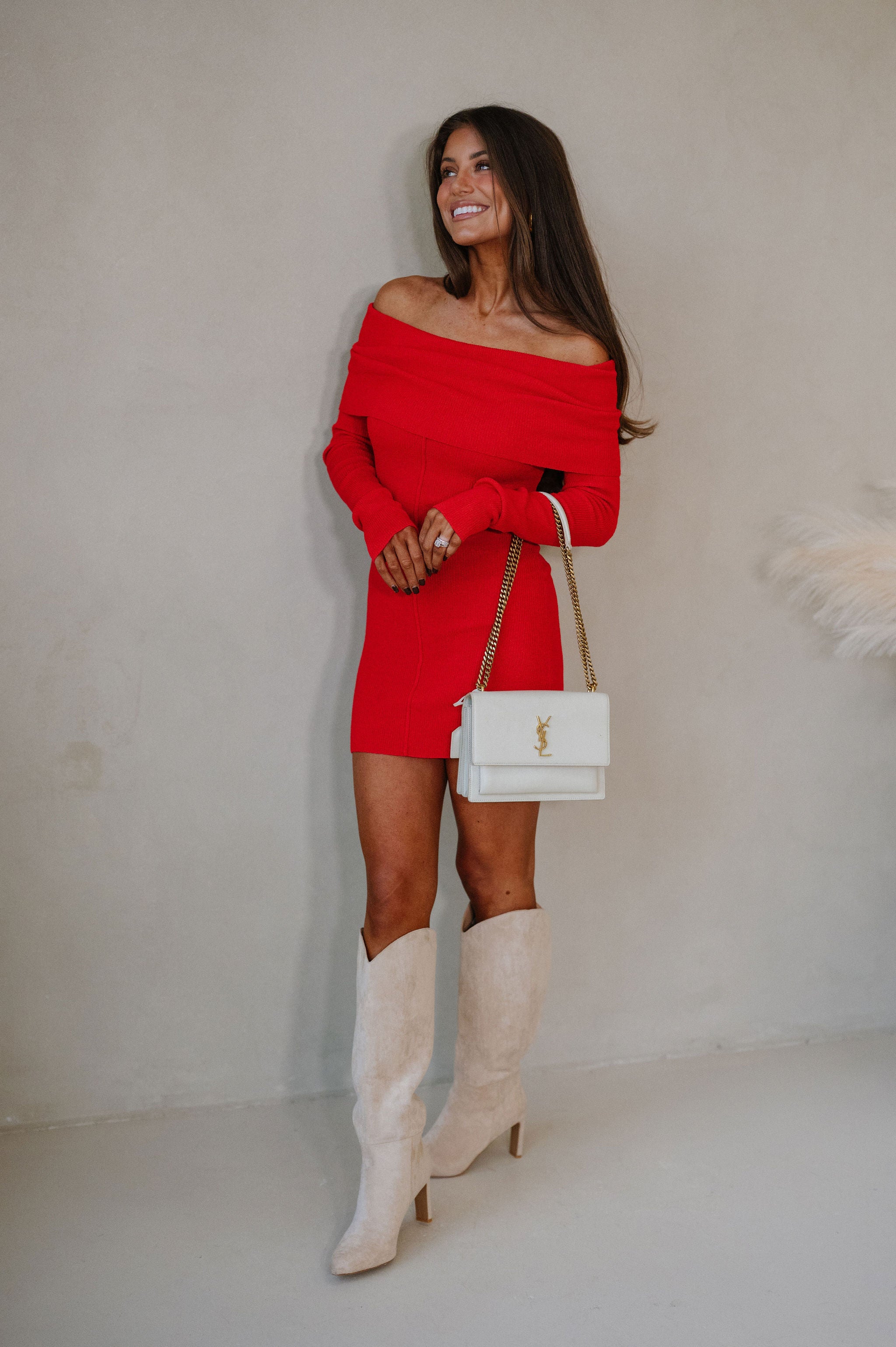 Athena OTS Sweater Dress-Scarlet