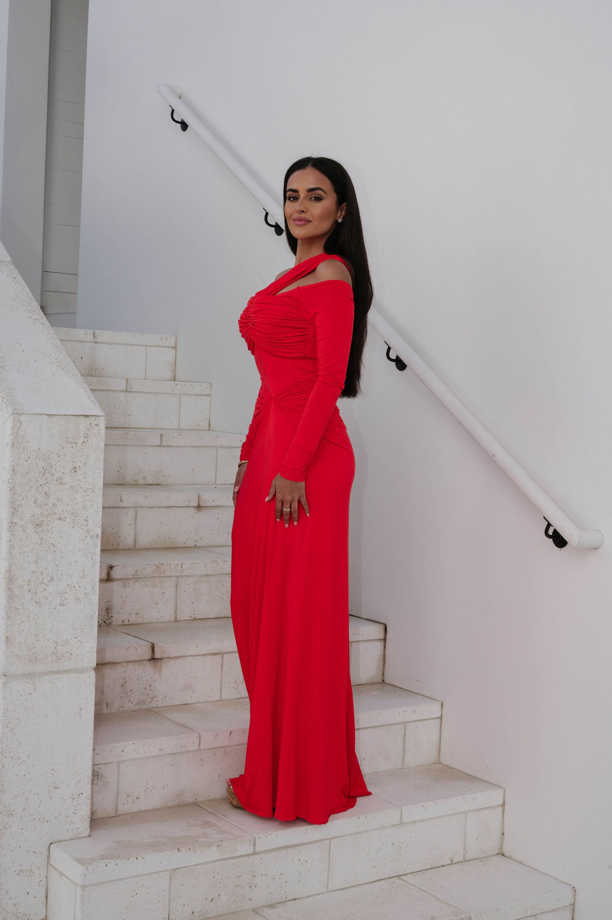 Loren OTS Ruched Maxi Dress-Red