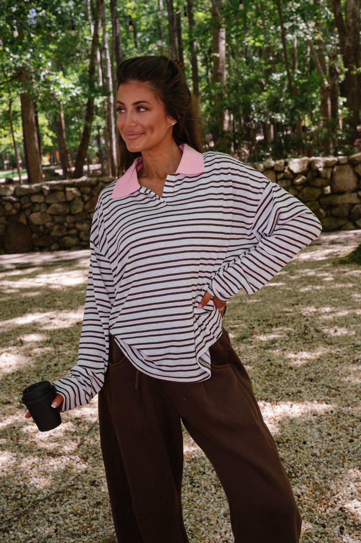 Savvy Contrast Collared Tee-Pink Multi