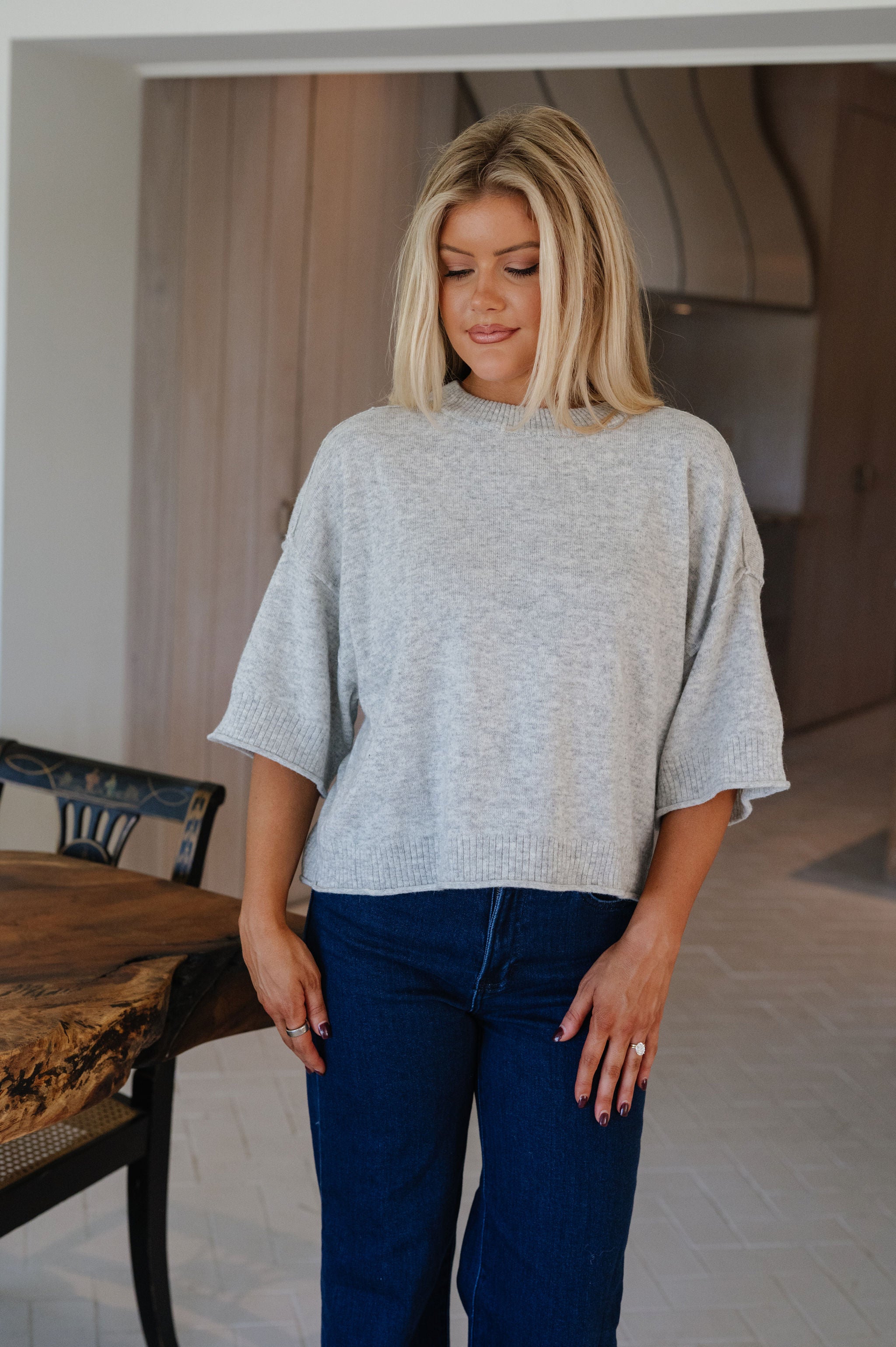 Leah Short Sleeve Knit Top-Heather Grey
