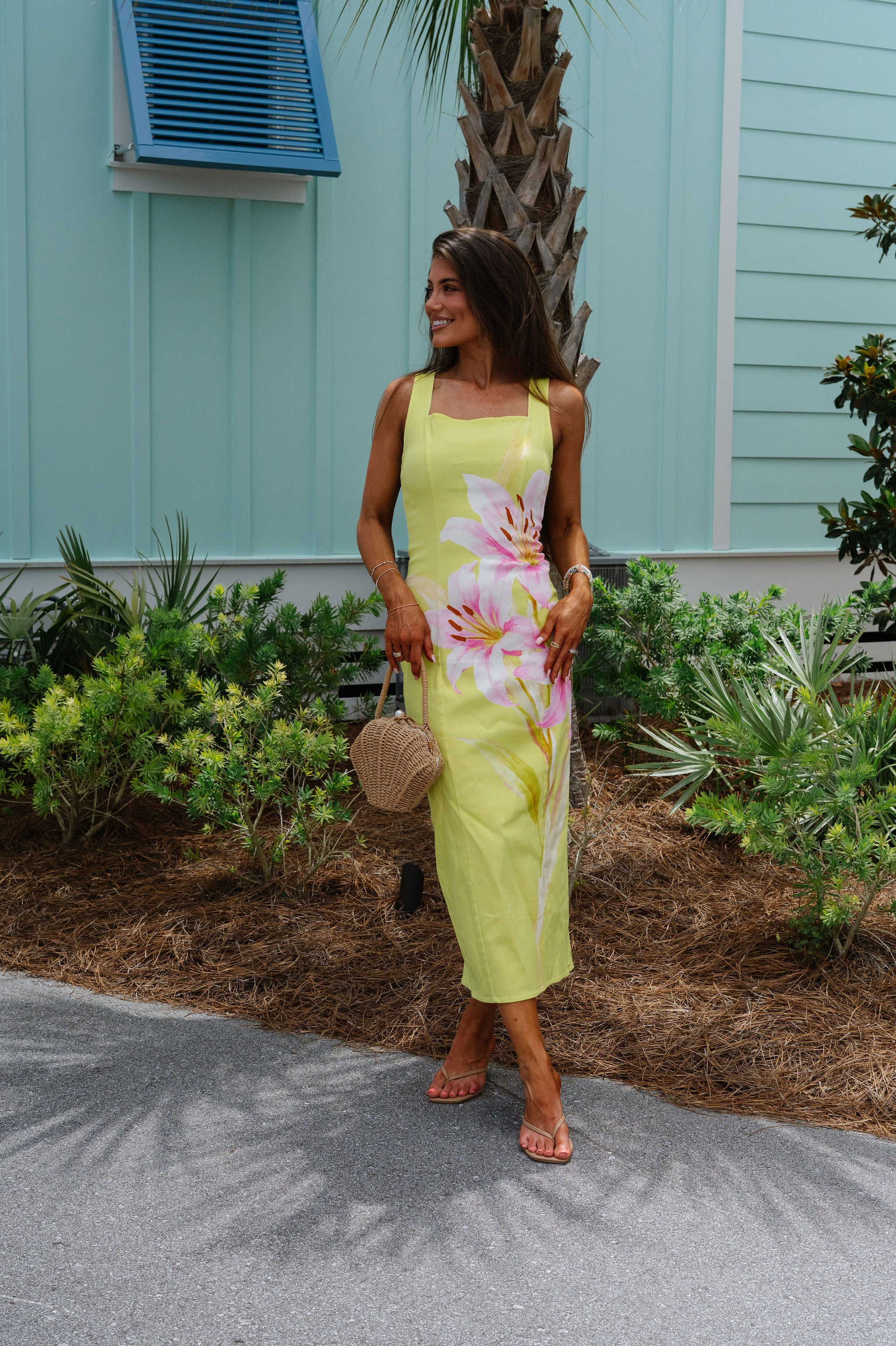 Floral Design Midi Dress-Lime