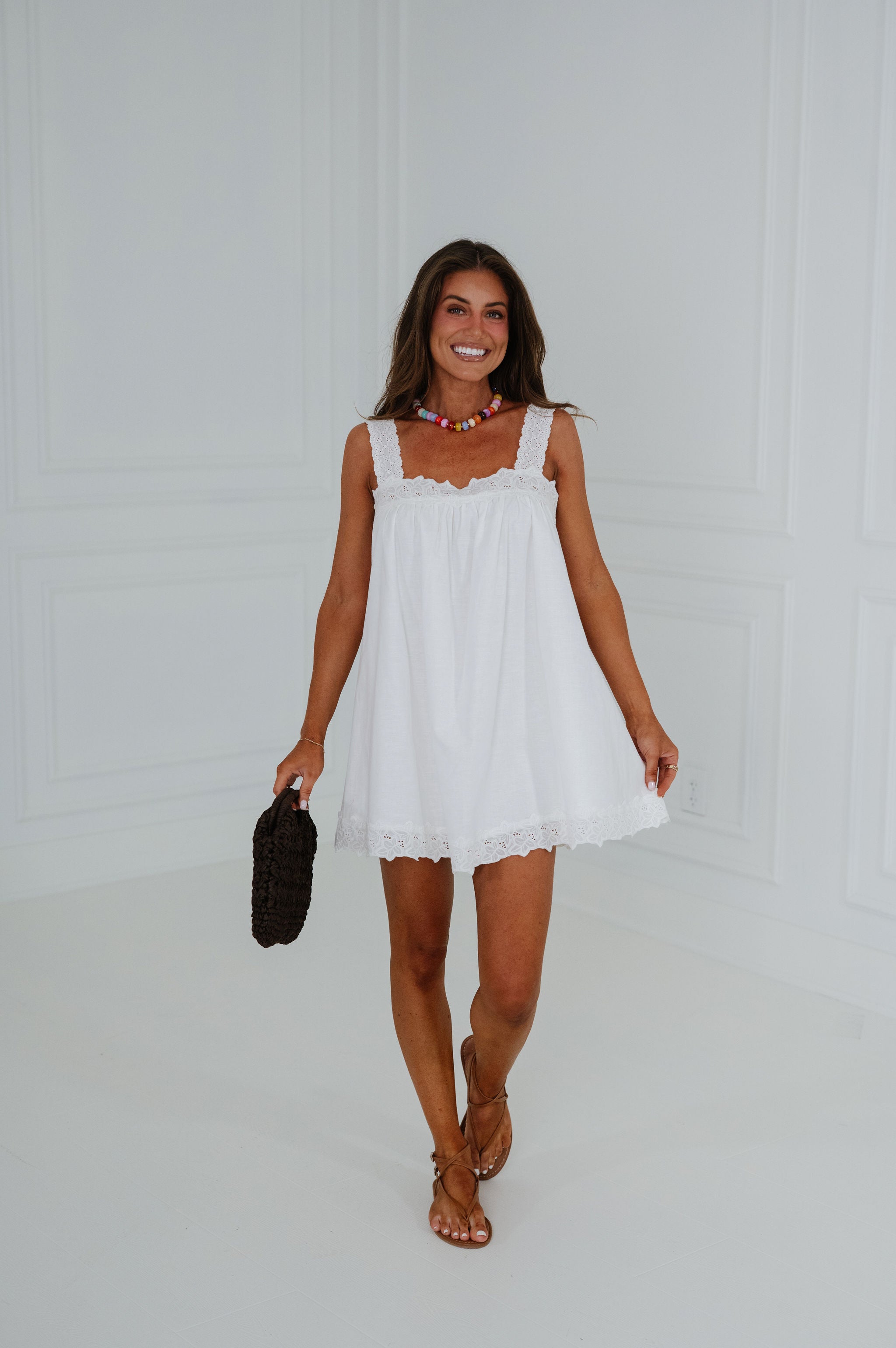 Sally Linen Lace Trim Mini Dress-Off White