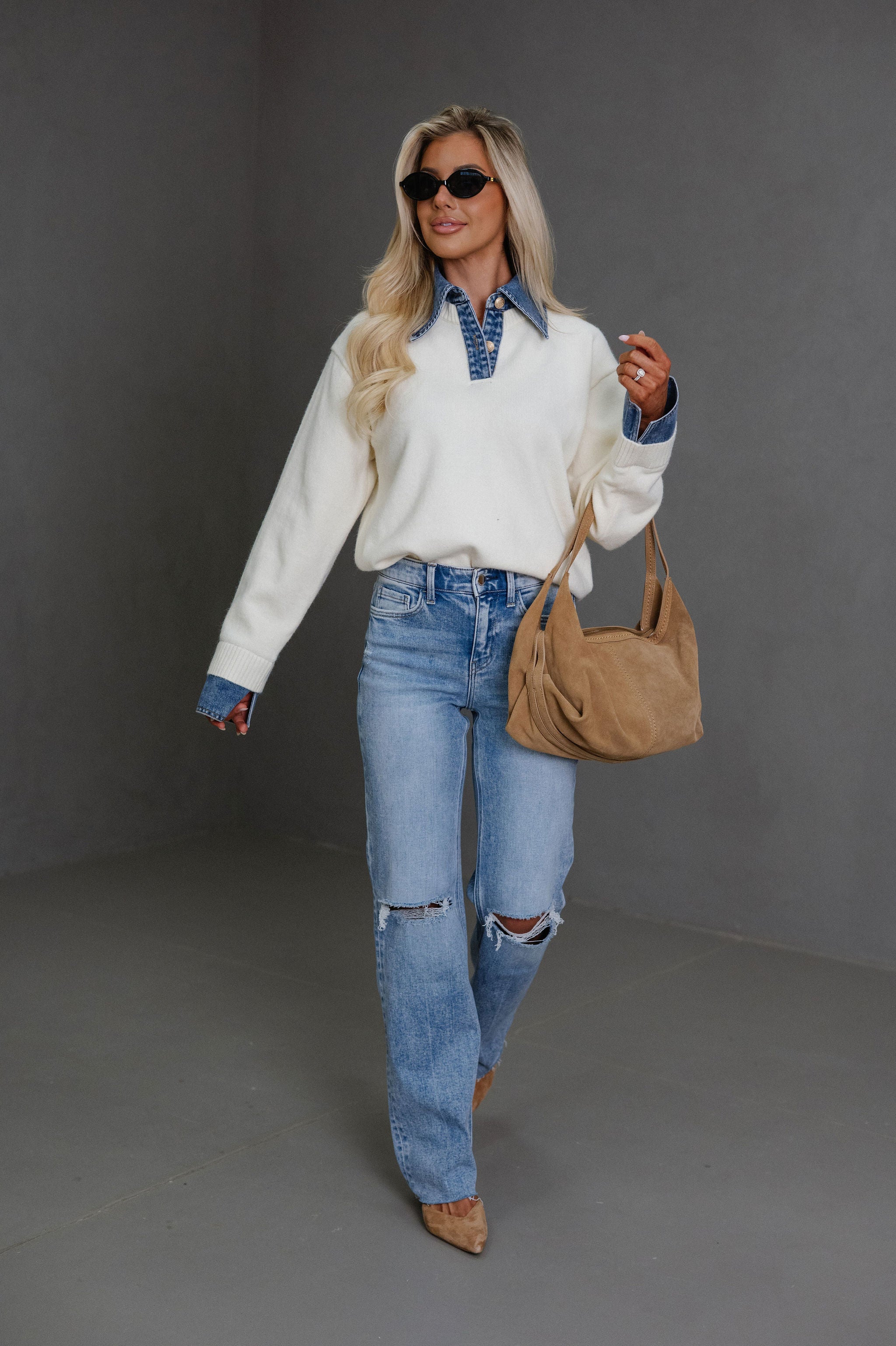 Lacie Denim Contrast Sweater-Ivory