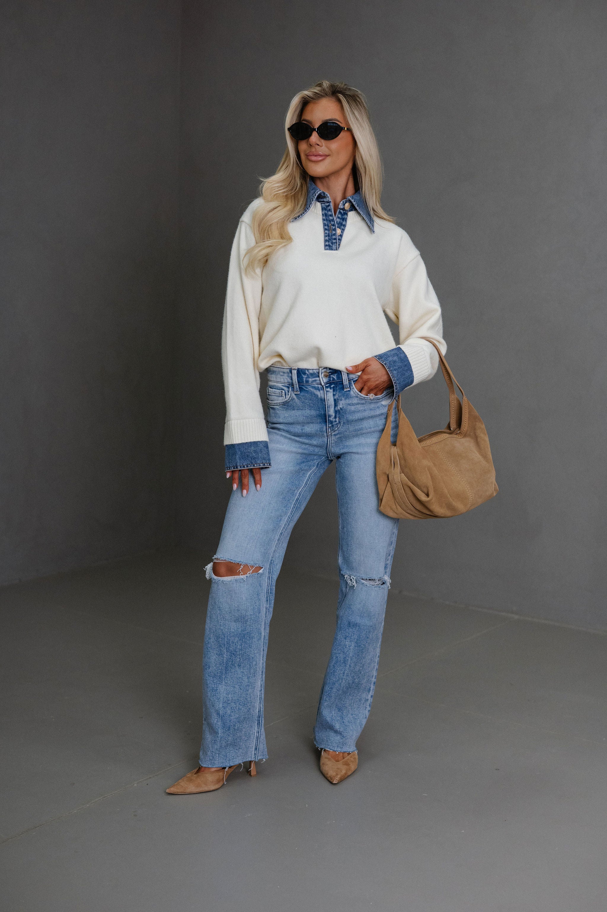 Lacie Denim Contrast Sweater-Ivory